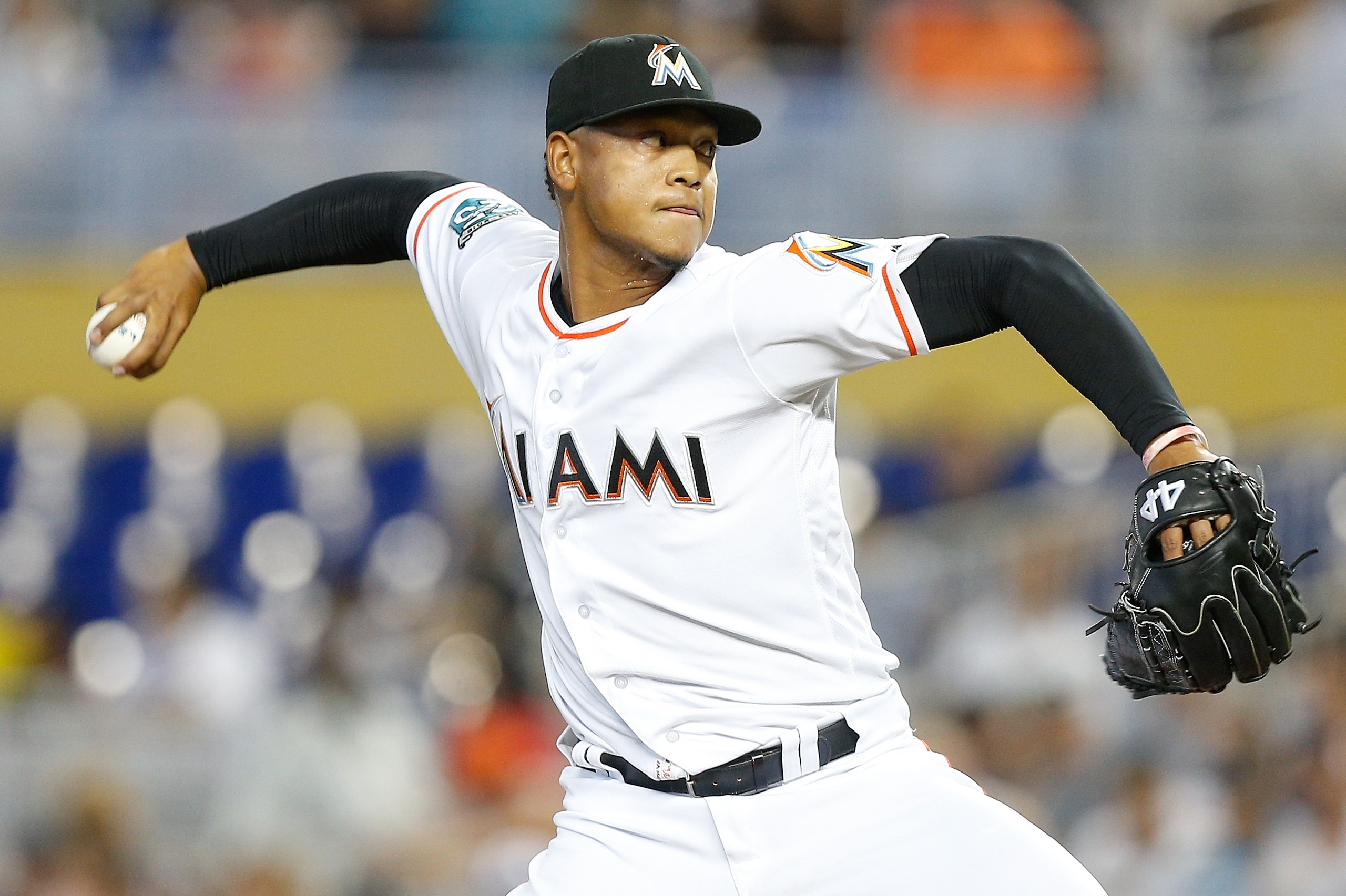 MIAMI, FL - AUGUST 12:  Elieser Hernandez #57 of the Miami Marlins pitches against the New York Mets at Marlins Park on August 12, 2018 in Miami, Florida.  (Photo by Michael Reaves/Getty Images)