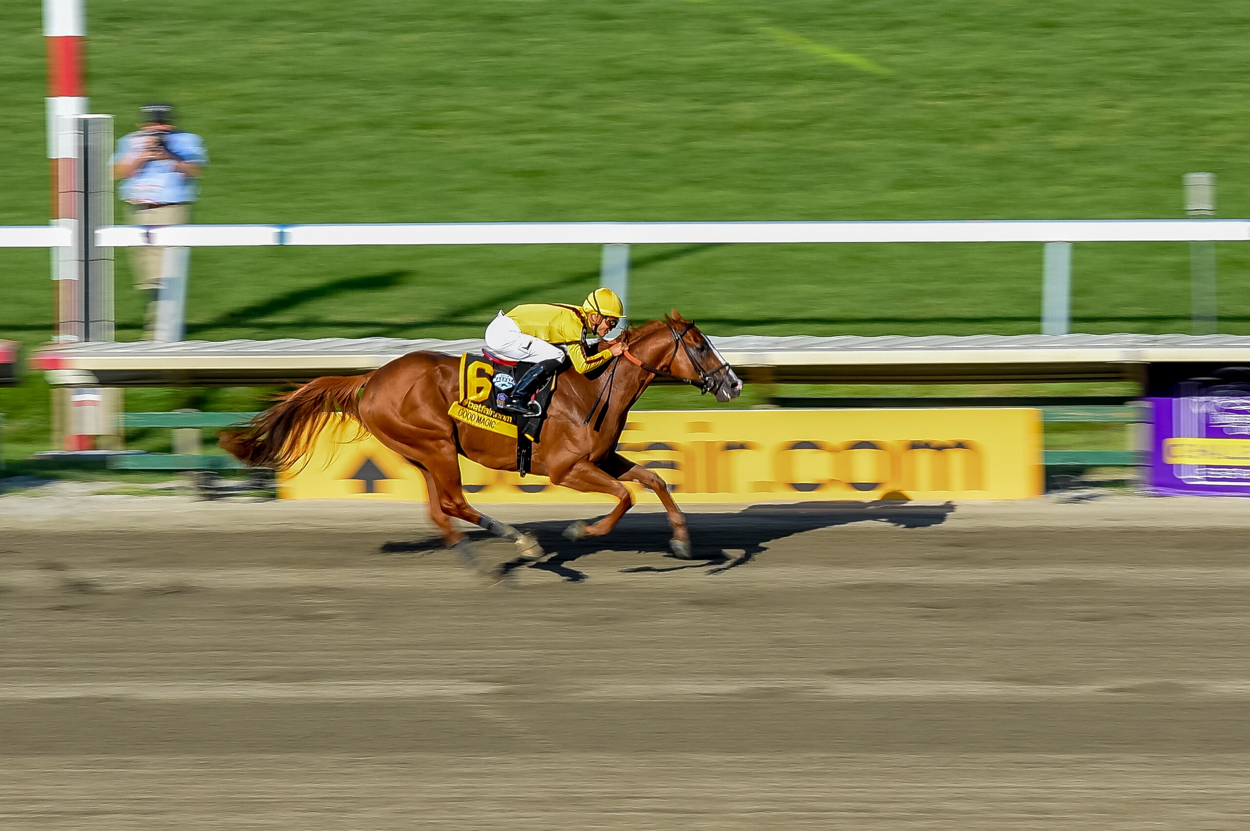 OCEANPORT, NJ - JULY 29: Good Magic, #6, ridden by Jose Ortiz, wins the Haskell Invitational Stakes on Haskell Invitational Day at Monmouth Park Race Course on July 29, 2018 in Oceanport, New Jersey. (Photo by Sydney Serio/Eclipse Sportswire/Getty Images)
