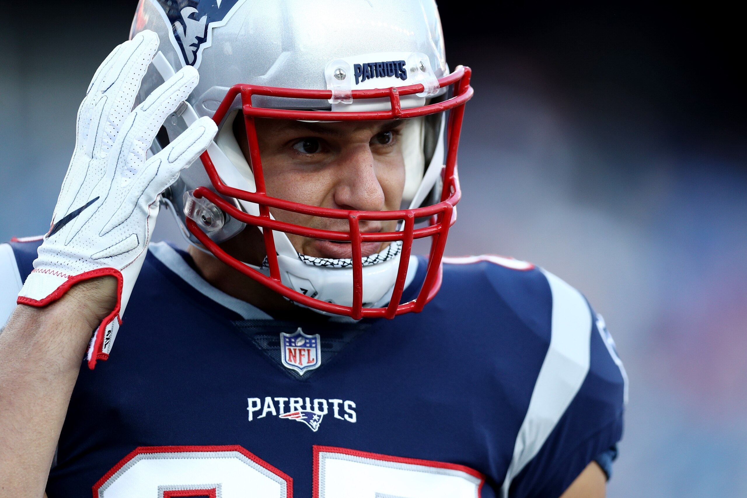 FOXBOROUGH, MA - AUGUST 9 : Rob Gronkowski #87 of the New England Patriots looks on before the preseason game between the New England Patriots and the Washington Redskins at Gillette Stadium on August 9, 2018 in Foxborough, Massachusetts. (Photo by Maddie