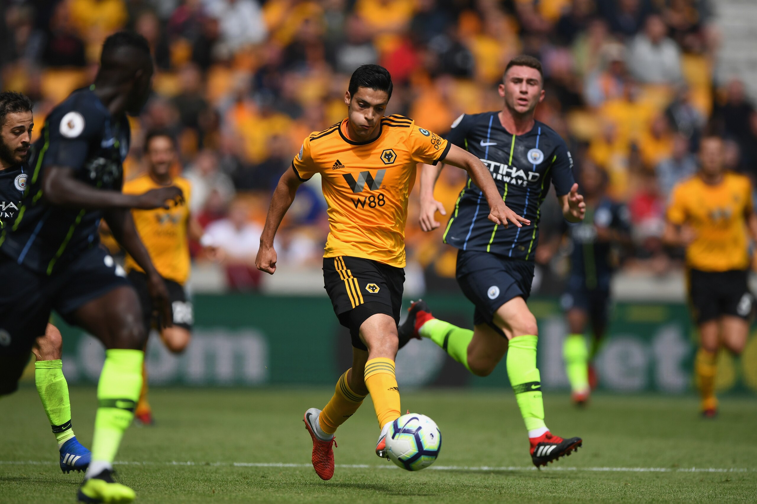 WOLVERHAMPTON, ENGLAND - AUGUST 25:  Wolves forward Raul Jiminez in action during the Premier League match between Wolverhampton Wanderers and Manchester City at Molineux on August 25, 2018 in Wolverhampton, United Kingdom.  (Photo by Stu Forster/Getty Im
