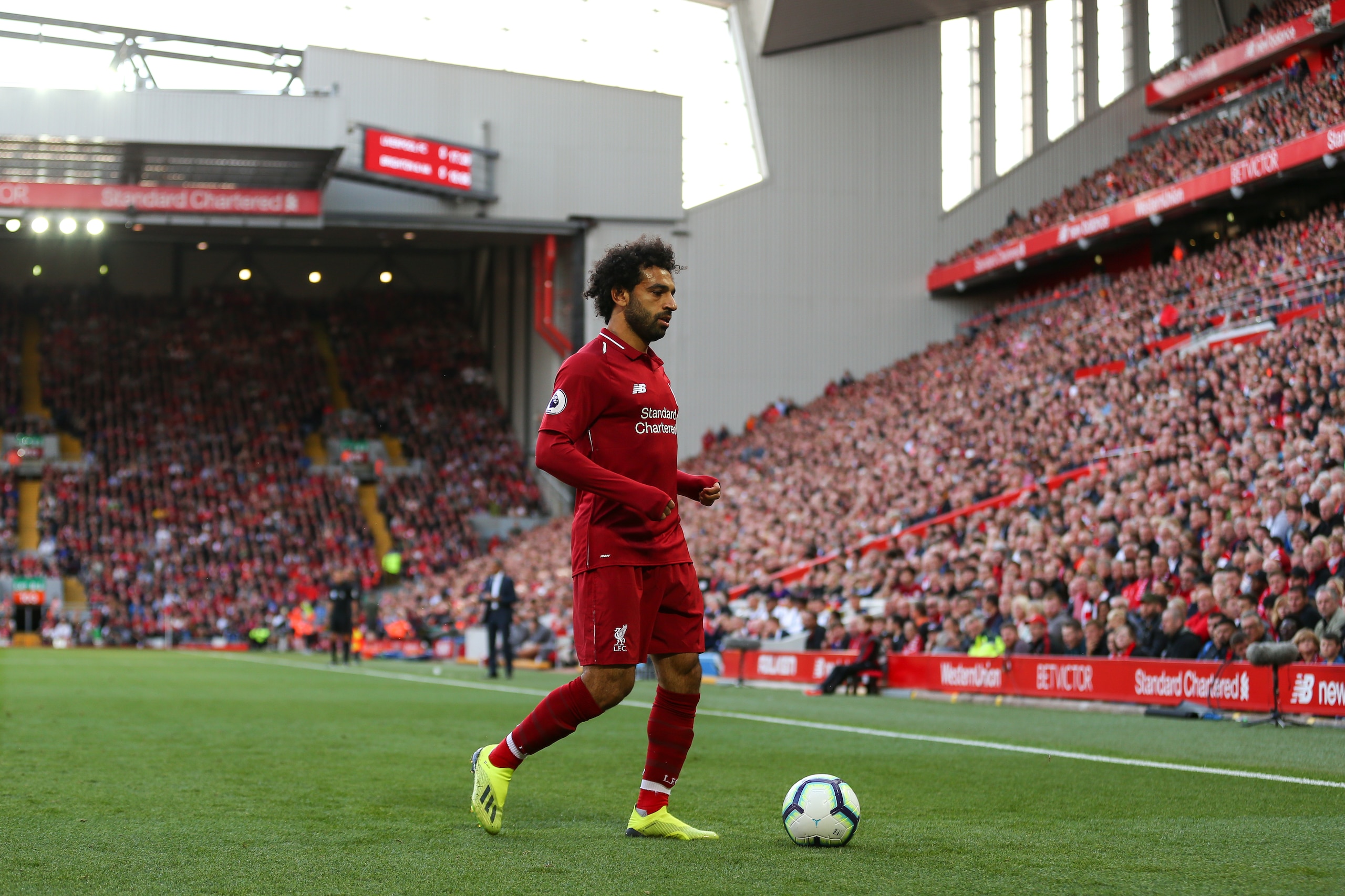 LIVERPOOL, ENGLAND - AUGUST 25: Mohamed Salah of Liverpool during the Premier League match between Liverpool FC and Brighton & Hove Albion at Anfield on August 25, 2018 in Liverpool, United Kingdom. (Photo by Robbie Jay Barratt - AMA/Getty Images)
