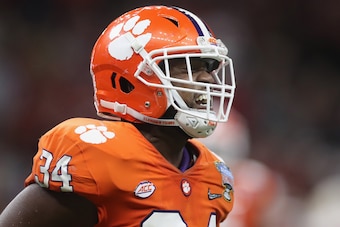 NEW ORLEANS, LA - JANUARY 01:  Kendall Joseph #34 of the Clemson Tigers celebrates recovering a fumble in the second half of the AllState Sugar Bowl against the Alabama Crimson Tide at the Mercedes-Benz Superdome on January 1, 2018 in New Orleans, Louisia