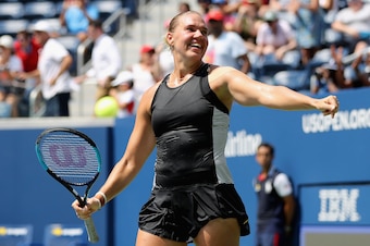 NEW YORK, NY - AUGUST 27:  Kaia Kanepi of Estonia celebrates her women's singles first round match victory against Simona Halep of Romania on Day One of the 2018 US Open at the USTA Billie Jean King National Tennis Center on August 27, 2017 in the Flushin