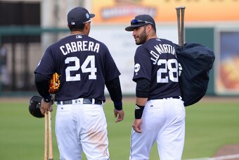 LAKELAND, FL - FEBRUARY 27:  Miguel Cabrera #24 and J.D. Martinez #28 of the Detroit Tigers walk off the field together during the Spring Training game against the Atlanta Braves at Publix Field at Joker Marchant Stadium on February 27, 2017 in Lakeland, 