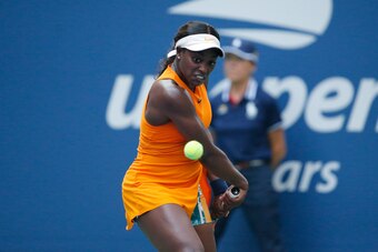Sloane Stephens of the US hits a return to Evgenlya Rodina of Russia during their 2018 US Open women's match August 27, 2018 in New York. (Photo by Kena Betancur / AFP)        (Photo credit should read KENA BETANCUR/AFP/Getty Images)