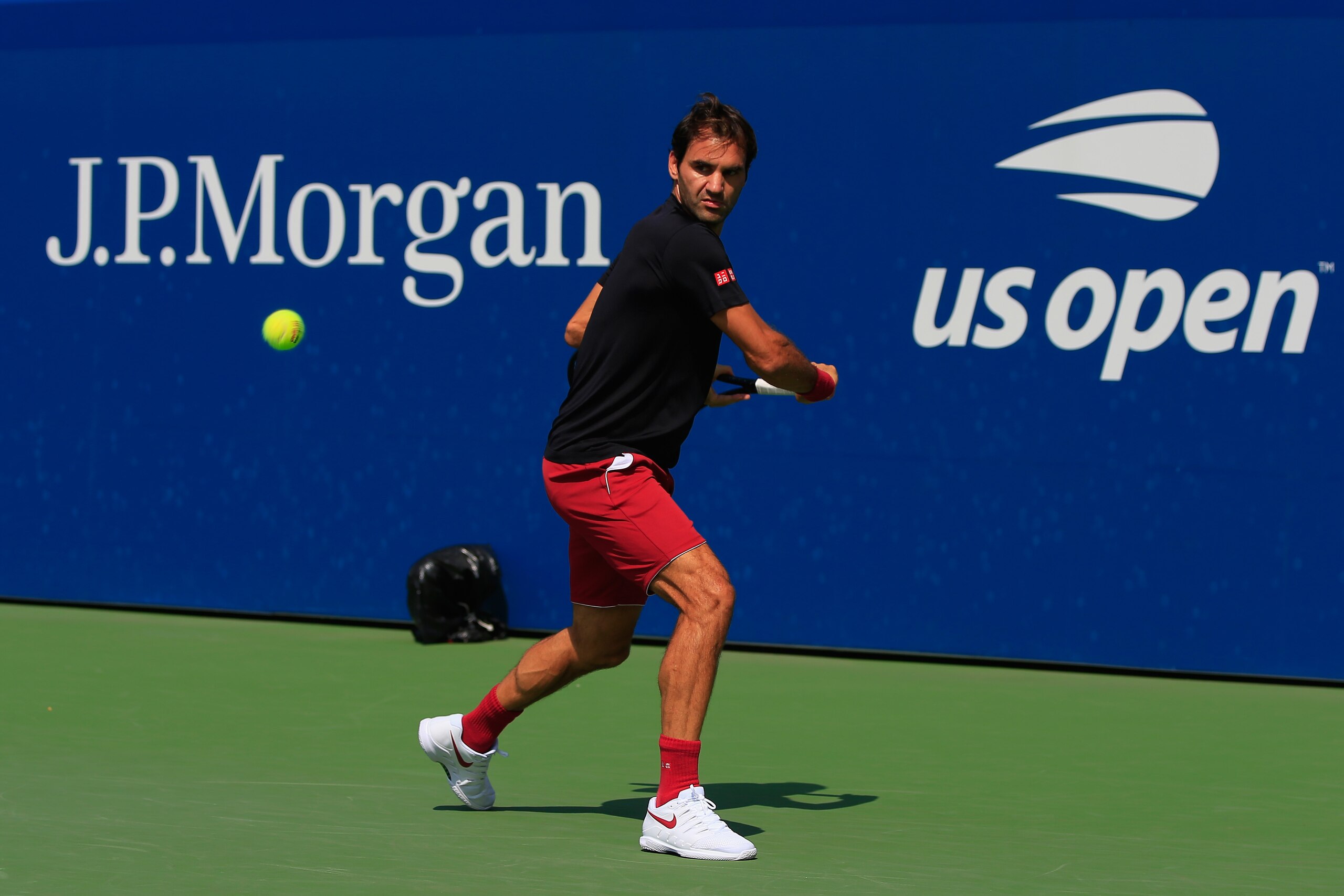 NEW YORK, NY - AUGUST 26:  Roger Federer of Switzerland trains prior to the start of the 2018 US Open at the USTA Billie Jean King National Tennis Center on August 26, 2018 in the Flushing neighborhood of the Queens borough of New York City.  (Photo by Ch