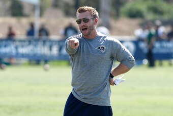 IRVINE, CA - AUGUST 12:  Los Angeles Rams Head Coach Sean McVay during training camp at Crawford Field on August 12, 2018 in Irvine, California.  (Photo by Josh Lefkowitz/Getty Images)
