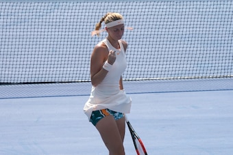 Petra Kvitova of the Czech Republic pumps her fist after a point against  Yanina Wickmayer of Belgium during their 2018 US Open women's match August 28, 2018 in New York. (Photo by Don EMMERT / AFP)        (Photo credit should read DON EMMERT/AFP/Getty Im