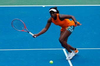 Sloane Stephens of the US hits a return to Evgenlya Rodina of Russia during their 2018 US Open women's match August 27, 2018 in New York. (Photo by Kena Betancur / AFP)        (Photo credit should read KENA BETANCUR/AFP/Getty Images)