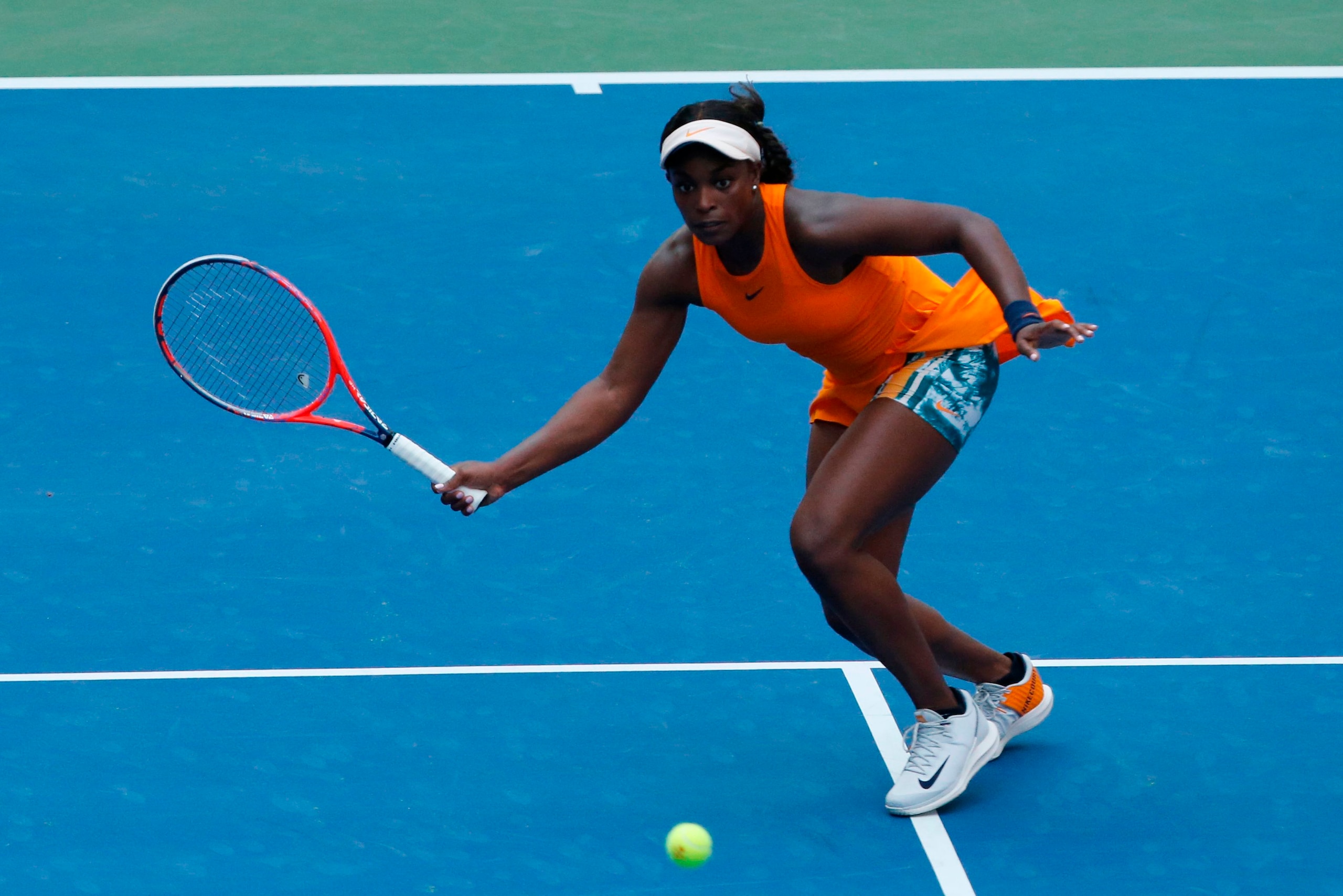 Sloane Stephens of the US hits a return to Evgenlya Rodina of Russia during their 2018 US Open women's match August 27, 2018 in New York. (Photo by Kena Betancur / AFP)        (Photo credit should read KENA BETANCUR/AFP/Getty Images)