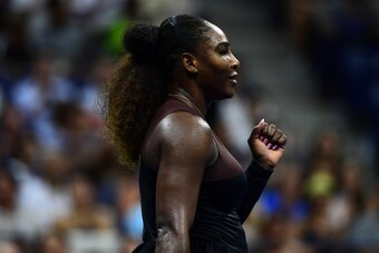 NEW YORK, NY - AUGUST 27:  Serena Williams of the United States celebrates the point during her women's singles first round match against Magda Linette of Poland on Day One of the 2018 US Open at the USTA Billie Jean King National Tennis Center on August 