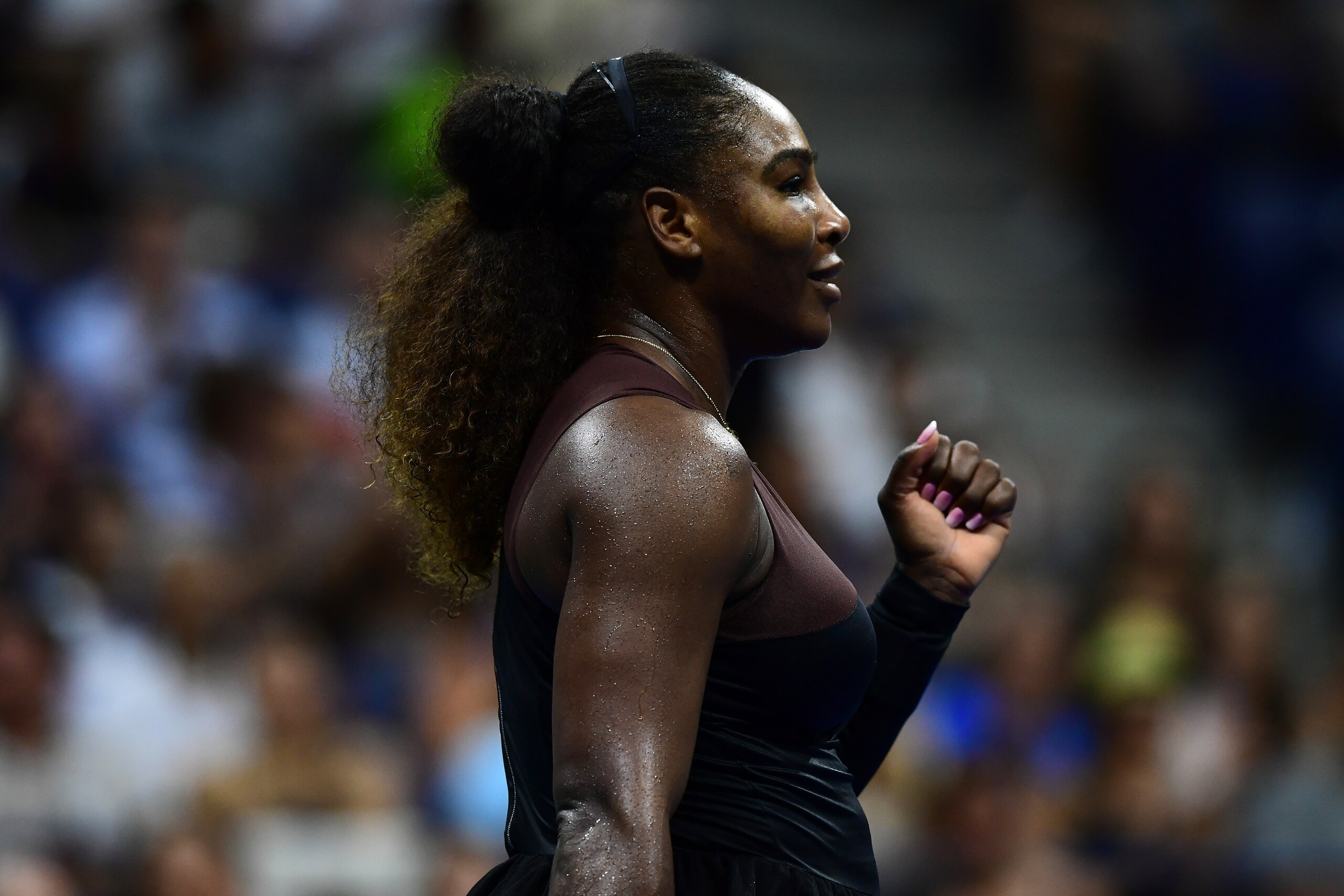 NEW YORK, NY - AUGUST 27:  Serena Williams of the United States celebrates the point during her women's singles first round match against Magda Linette of Poland on Day One of the 2018 US Open at the USTA Billie Jean King National Tennis Center on August 