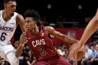 LAS VEAGS, NV - JULY 16: Collin Sexton #2 of the Cleveland Cavaliers handles the ball against the Los Angeles Lakers during the 2018 Las Vegas Summer League on July 16, 2018 at the Thomas & Mack Center in Las Vegas, Nevada. NOTE TO USER: User expressly ac