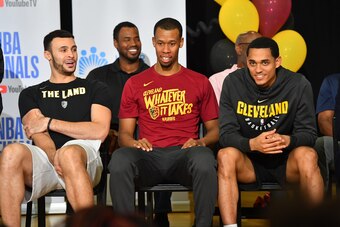 CLEVELAND, OH - JUNE 07:  Larry Nance Jr. #22, Rodney Hood #1 and Jordan Clarkson #8 of the Cleveland Cavaliers during the 2018 NBA Finals Legacy Project - NBA Cares on June 07, 2018 at the Thurgood Marshall Recreation Center in Cleveland, Ohio. NOTE TO U