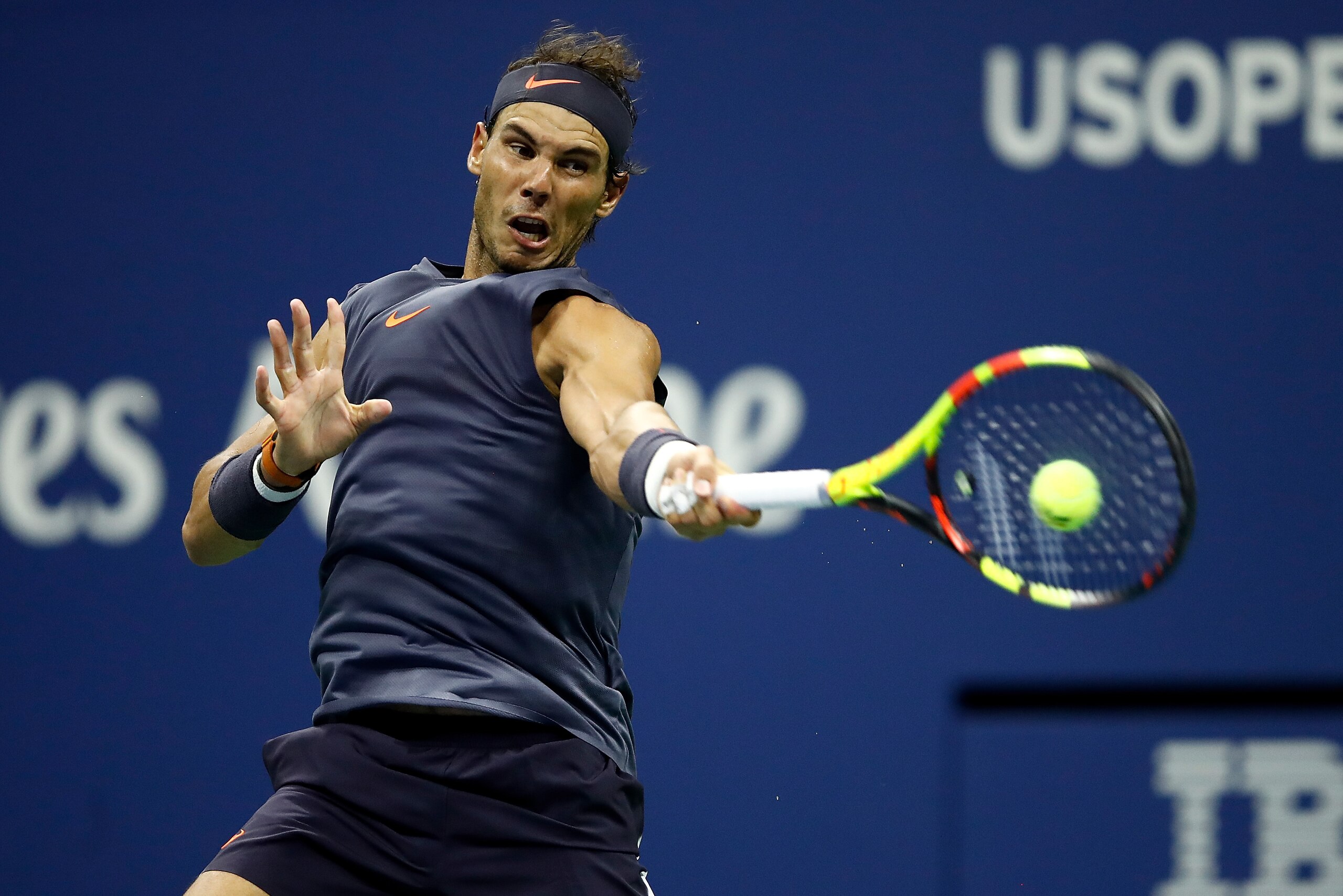 NEW YORK, NY - AUGUST 29:  Rafael Nadal of Spain plays a forehand during the men's singles second round match against Vasek Pospisil of Canada on Day Three of the 2018 US Open at the USTA Billie Jean King National Tennis Center on August 29, 2018 in the F