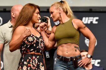 LOS ANGELES, CA - AUGUST 03:  (L-R) Opponents Nico Montano and Valentina Shevchenko face off during the UFC press conference inside the Orpheum Theater on August 3, 2018 in Los Angeles, California. (Photo by Jeff Bottari/Zuffa LLC/Zuffa LLC via Getty Imag