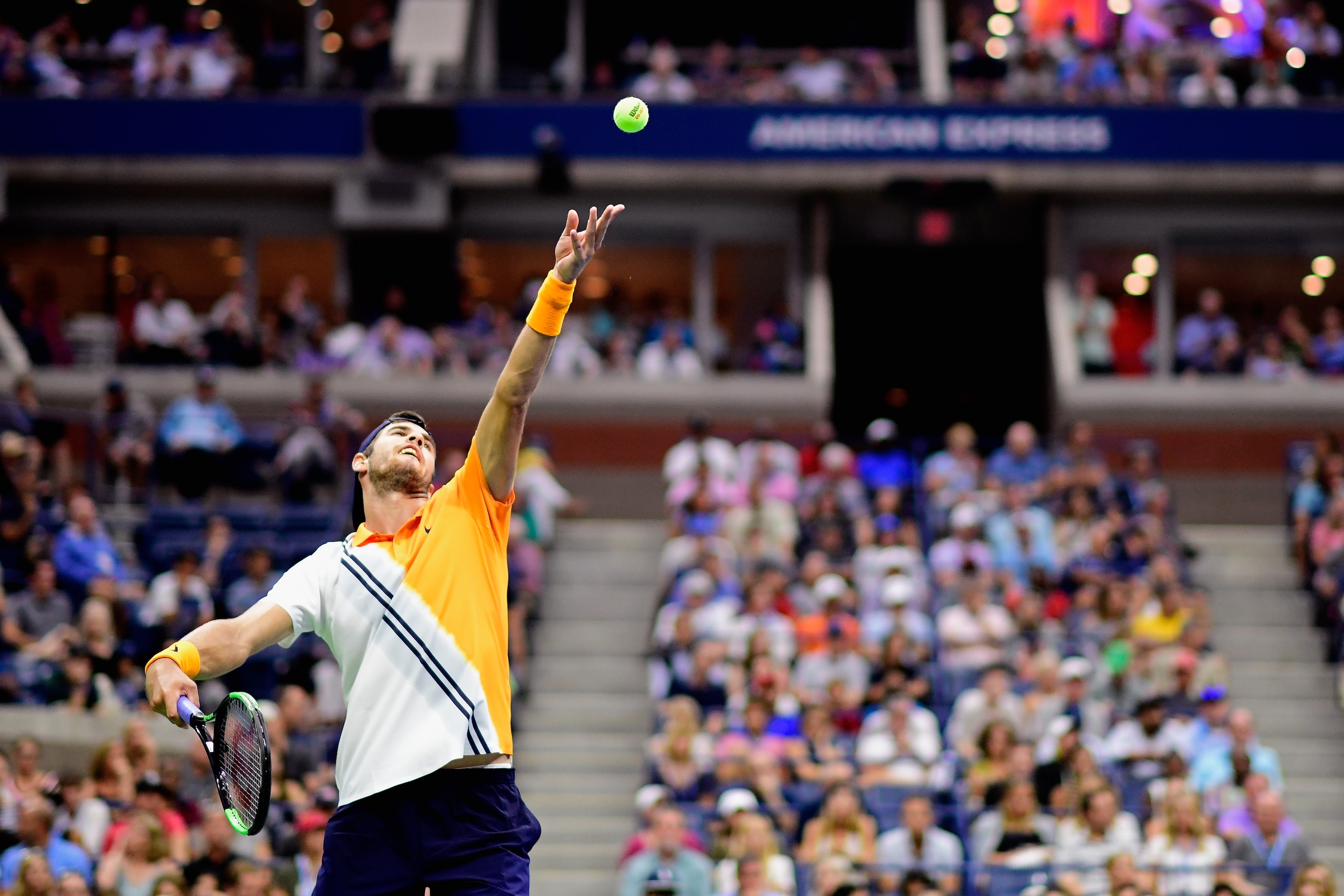 NEW YORK, NY - AUGUST 31:  Karen Khachanov of Russia serves during his men's singles third round match against Rafael Nadal of Spain on Day Five of the 2018 US Open at the USTA Billie Jean King National Tennis Center on August 31, 2018 in the Flushing nei