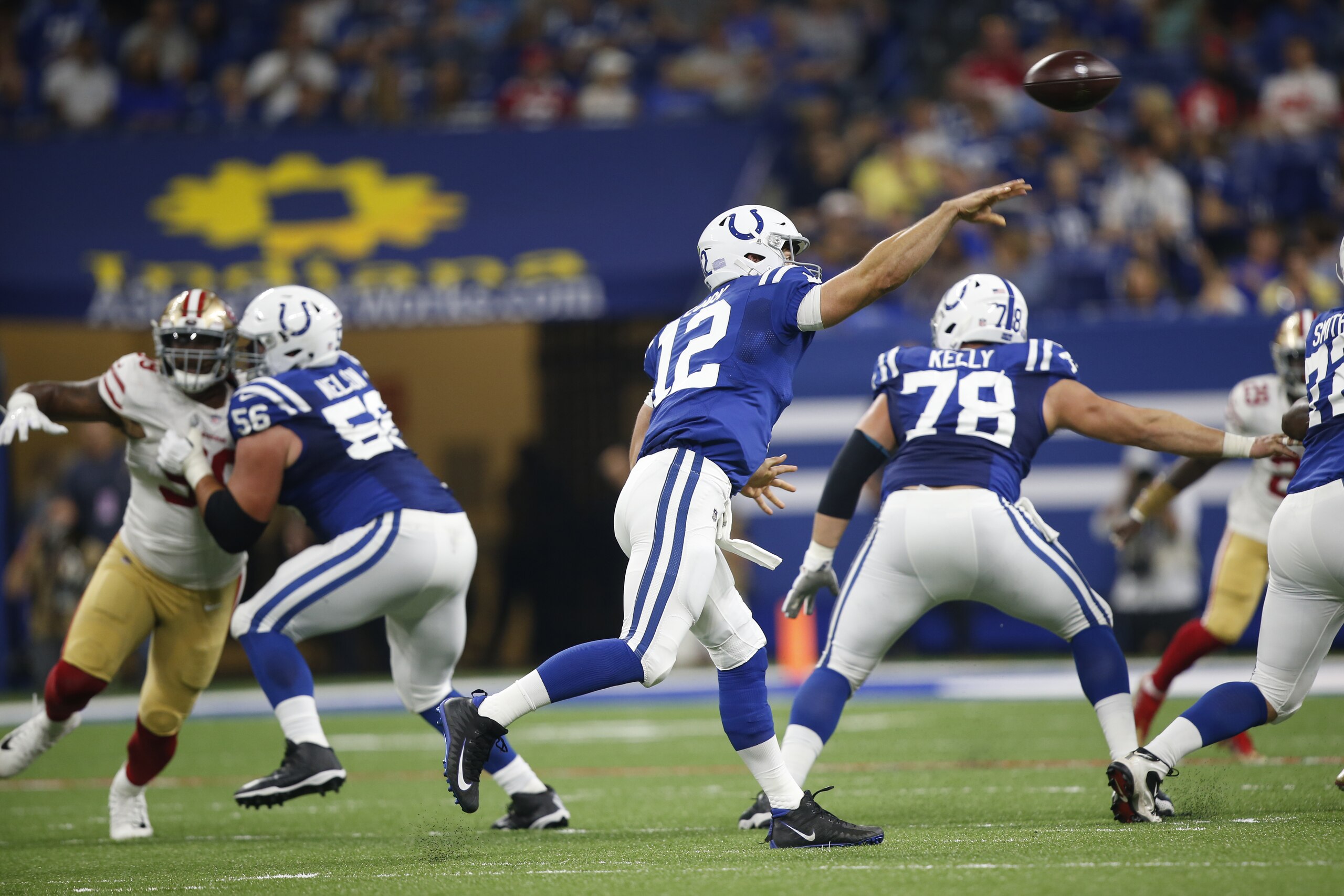 INDIANAPOLIS, IN - AUGUST 25: Andrew Luck #12 of the Indianapolis Colts passes during the game against the San Francisco 49ers at Lucas Oil Stadium on August 25, 2018 in Indianapolis, Indiana. The Colts defeated the 49ers 23-17. (Photo by Michael Zagaris/ INDIANAPOLIS, IN - AUGUST 25: Andrew Luck #12 of the Indianapolis Colts passes during the game against the San Francisco 49ers at Lucas Oil Stadium on August 25, 2018 in Indianapolis, Indiana. The Colts defeated the 49ers 23-17. (Photo by Michael Zagaris/