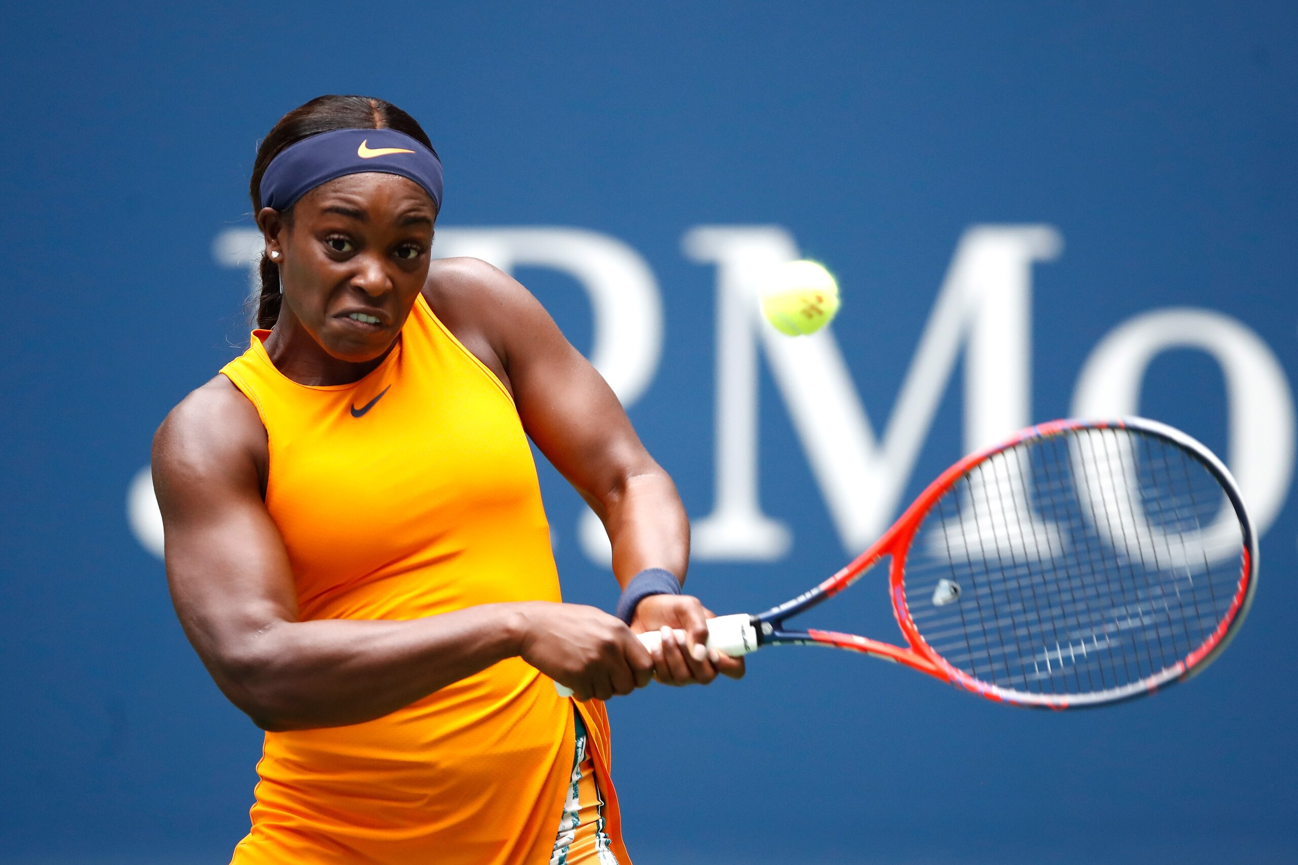 NEW YORK, NY - AUGUST 31:  Sloane Stephens of the United States returns the ball during her women's singles third round match against Victoria Azarenka of Belarus on Day Five of the 2018 US Open at the USTA Billie Jean King National Tennis Center on Augus