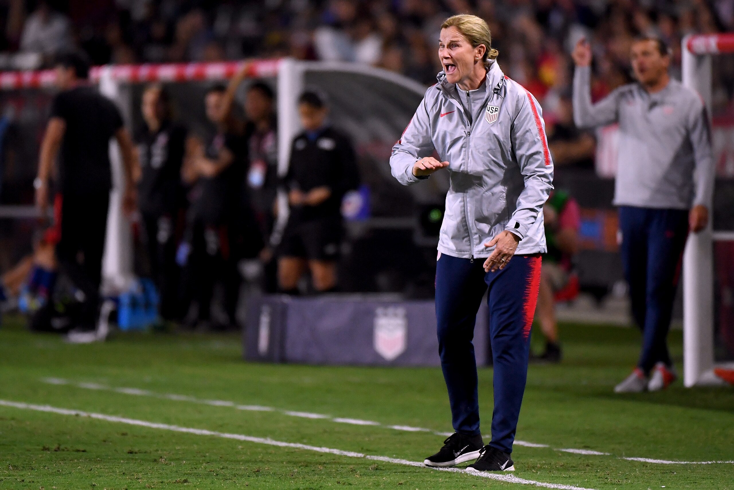 CARSON, CA - AUGUST 31:  Jill Ellis of United States reacts from the sidelines during a 3-0 win over Chile at StubHub Center on August 31, 2018 in Carson, California.  (Photo by Harry How/Getty Images)