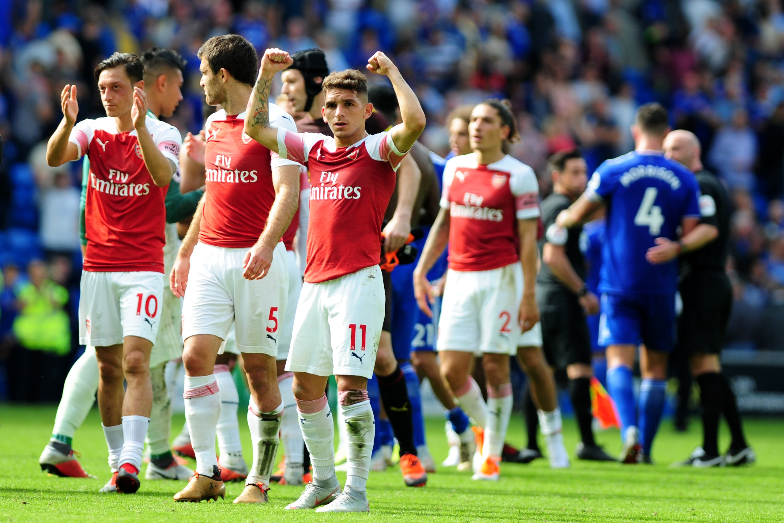 CARDIFF, WALES - SEPTEMBER 2: Lucas Torreira of Arsenal celebrates at full-time during the Premier League match between Cardiff City and Arsenal at Cardiff City Stadium on September 2, 2018 in Cardiff, Wales. (Photo by Athena Pictures/Getty Images)