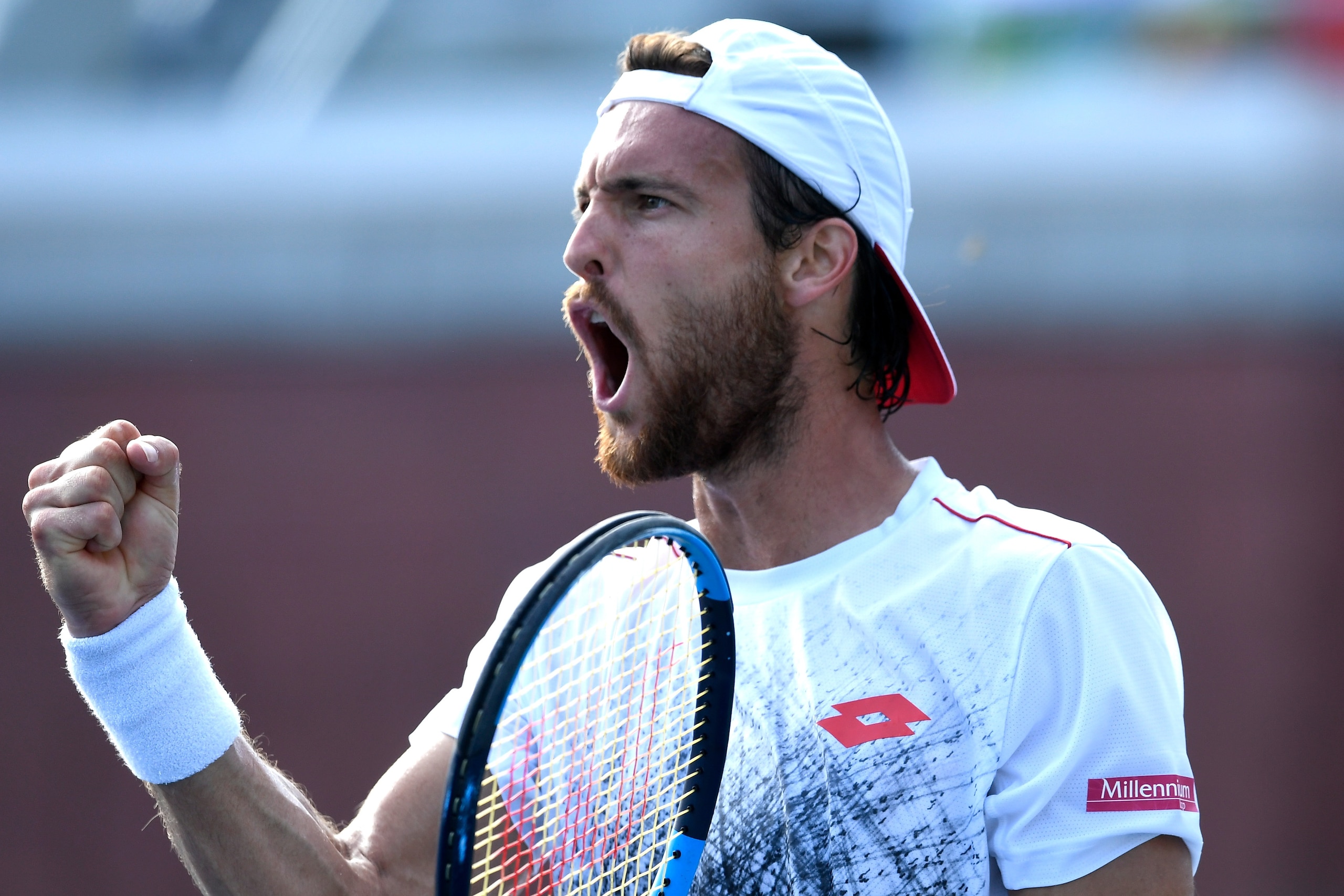 NEW YORK, NY - SEPTEMBER 01:  Joao Sousa of Portugal celebrates during the men's singles third round match against Lucas Pouille of France on Day Six of the 2018 US Open at the USTA Billie Jean King National Tennis Center on September 1, 2018 in the Flush