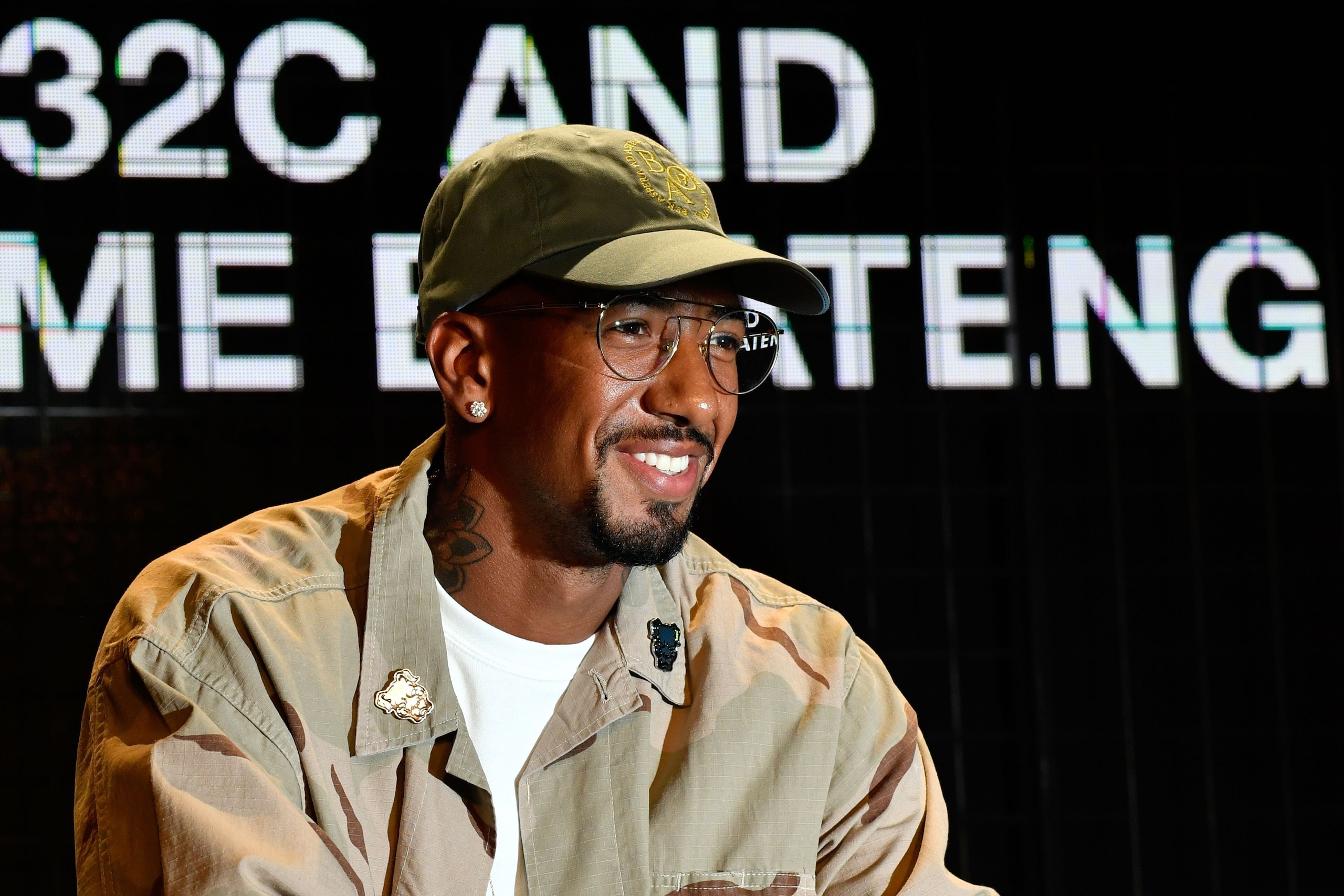 Bayern Munich's German defender Jerome Boateng takes part in a discussion at the Bread and Butter B&B fashion fair on September 2, 2018 in Berlin. - Along with the Bread & Butter fair and the cultural platform 032c, Boateng presented a capsule collection 