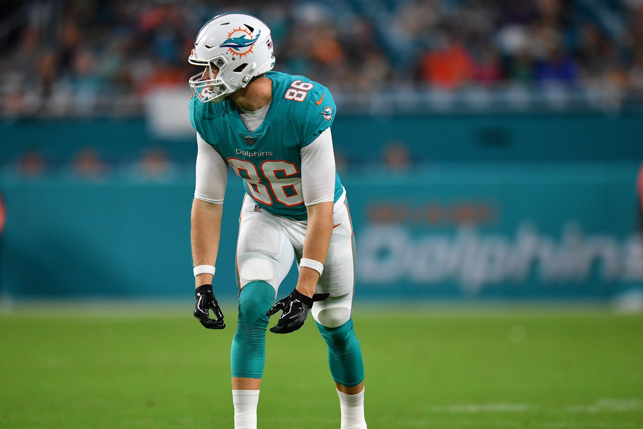 MIAMI, FL - AUGUST 25: Mike Gesicki #86 of the Miami Dolphins in action during a preseason game against the Baltimore Ravens at Hard Rock Stadium on August 25, 2018 in Miami, Florida. (Photo by Mark Brown/Getty Images)