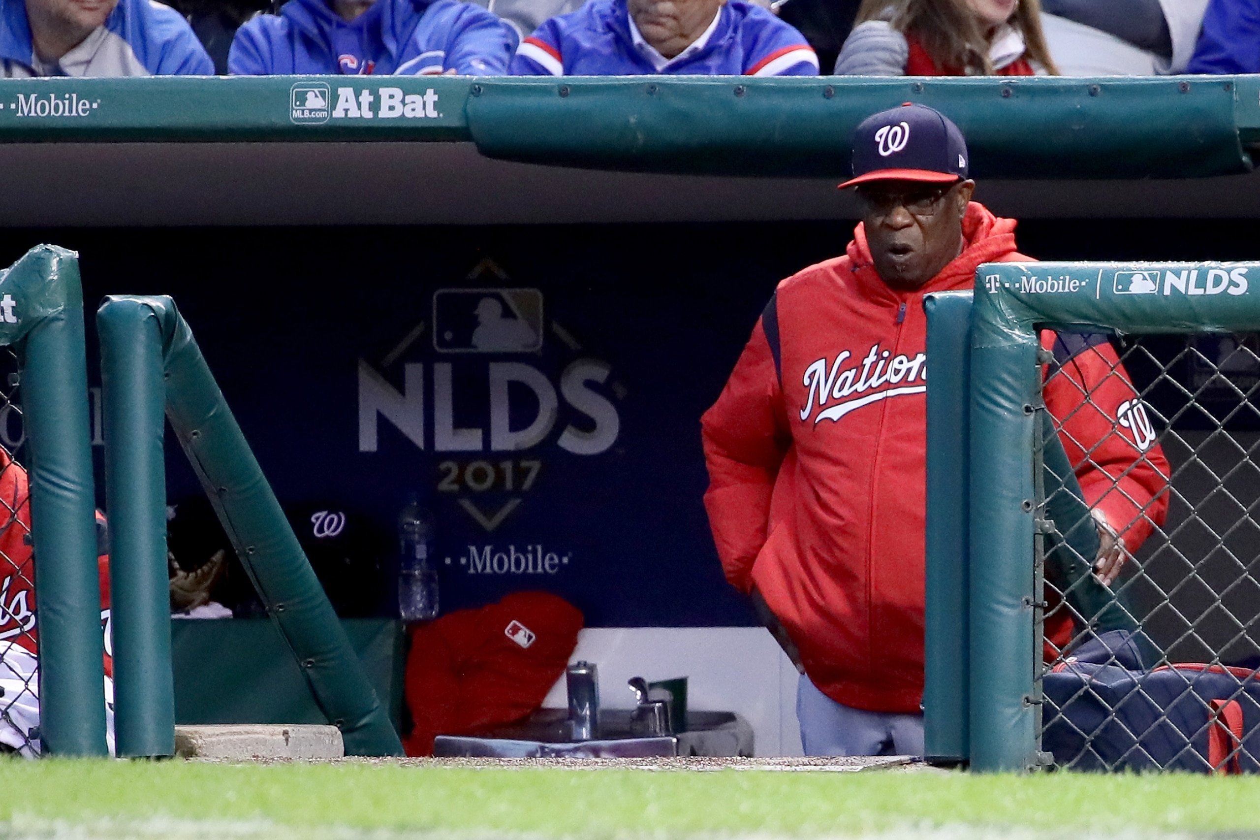 CHICAGO, IL - OCTOBER 11:  Manager Dusty Baker of the Washington Nationals looks on from the dugout in the sixth inning during game four of the National League Division Series against the Chicago Cubs at Wrigley Field on October 11, 2017 in Chicago, Illin