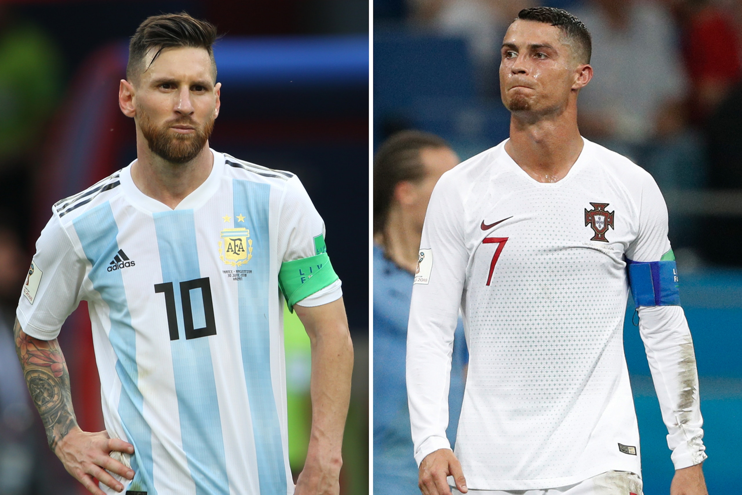 (COMBO) This combination of two files pictures created on June 30, 2018 shows Argentina's forward Lionel Messi (L) in Kazan on June 30, 2018 and Portugal's forward Cristiano Ronaldo in Sochi on June 30, 2018. - Cristiano Ronaldo and Lionel Messi saw their