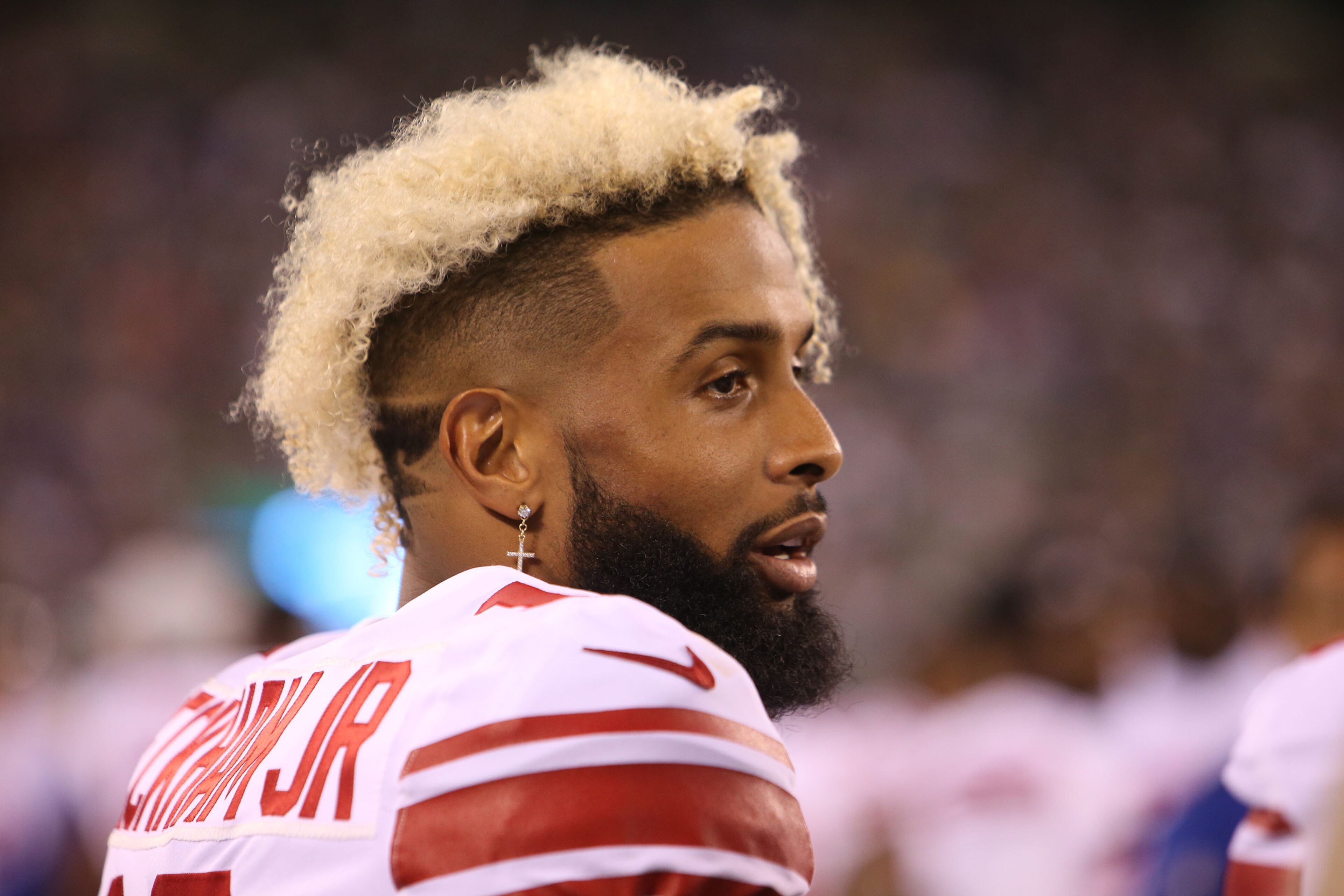 EAST RUTHERFORD, NJ - AUGUST 24: Odell Beckham Jr. #13 of the New York Giants follows the action against the New York Jets during their preseason game at MetLife Stadium on August 24, 2018 in East Rutherford, New Jersey. (Photo by Al Pereira/Getty Images)