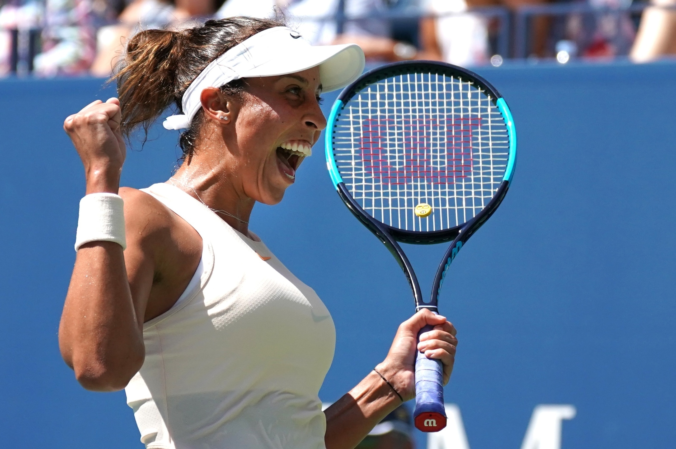 Madison Keys of the US reacts afetr winning against Dominika Cibulkova of Slovakia during their 4th round 2018 US Open Women's Singles match at the USTA Billie Jean King National Tennis Center in New York on September 3, 2018. (Photo by TIMOTHY A. CLARY /
