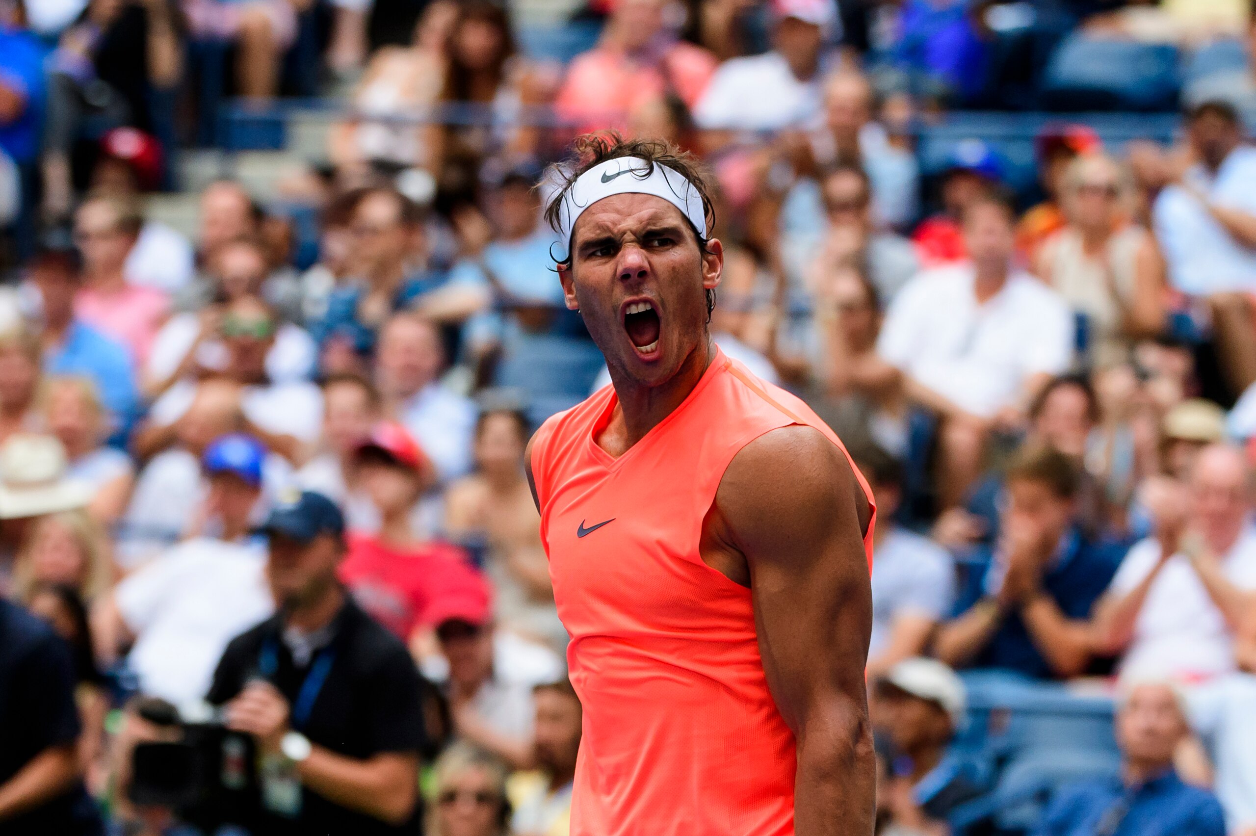 NEW YORK, NY - SEPTEMBER 02: Rafael Nadal of Spain celebrates after beating  Nikoloz Basilashvili of Georgia in the third round of the US Open at the USTA Billie Jean King National Tennis Centre on September 02, 2018 in New York City, United States. (Phot