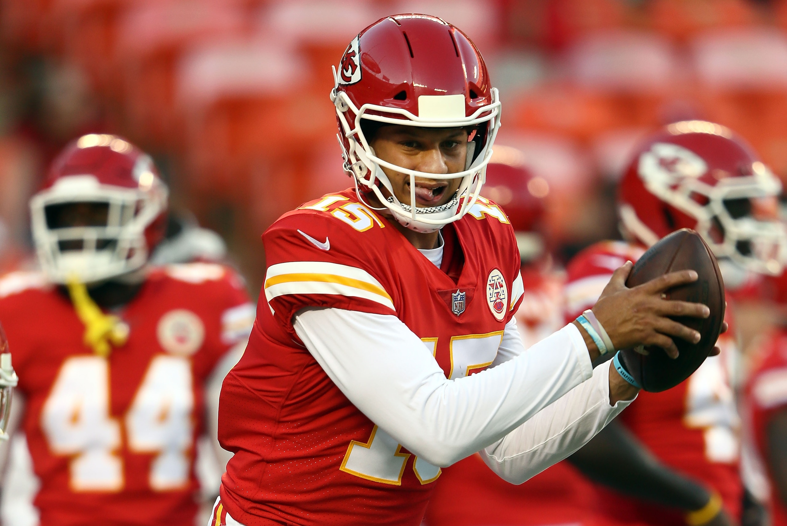 KANSAS CITY, MO - AUGUST 30:  Quarterback Patrick Mahomes #15 of the Kansas City Chiefs warms up prior to the preseason game against the Green Bay Packers at Arrowhead Stadium on August 30, 2018 in Kansas City, Missouri.  (Photo by Jamie Squire/Getty Imag