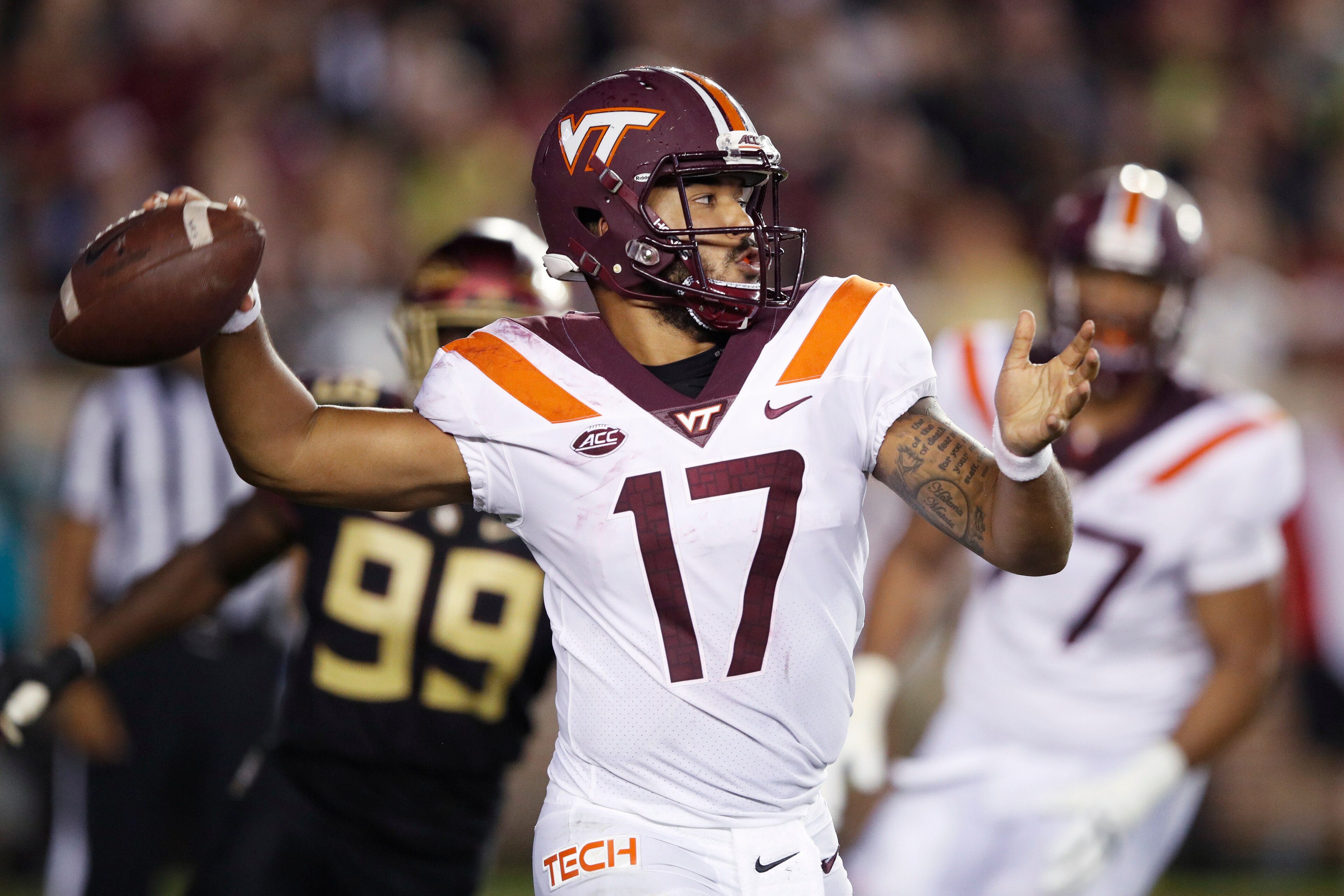 TALLAHASSEE, FL - SEPTEMBER 03: Josh Jackson #17 of the Virginia Tech Hokies throws a pass in the second quarter of the game against the Florida State Seminoles at Doak Campbell Stadium on September 3, 2018 in Tallahassee, Florida. (Photo by Joe Robbins/G