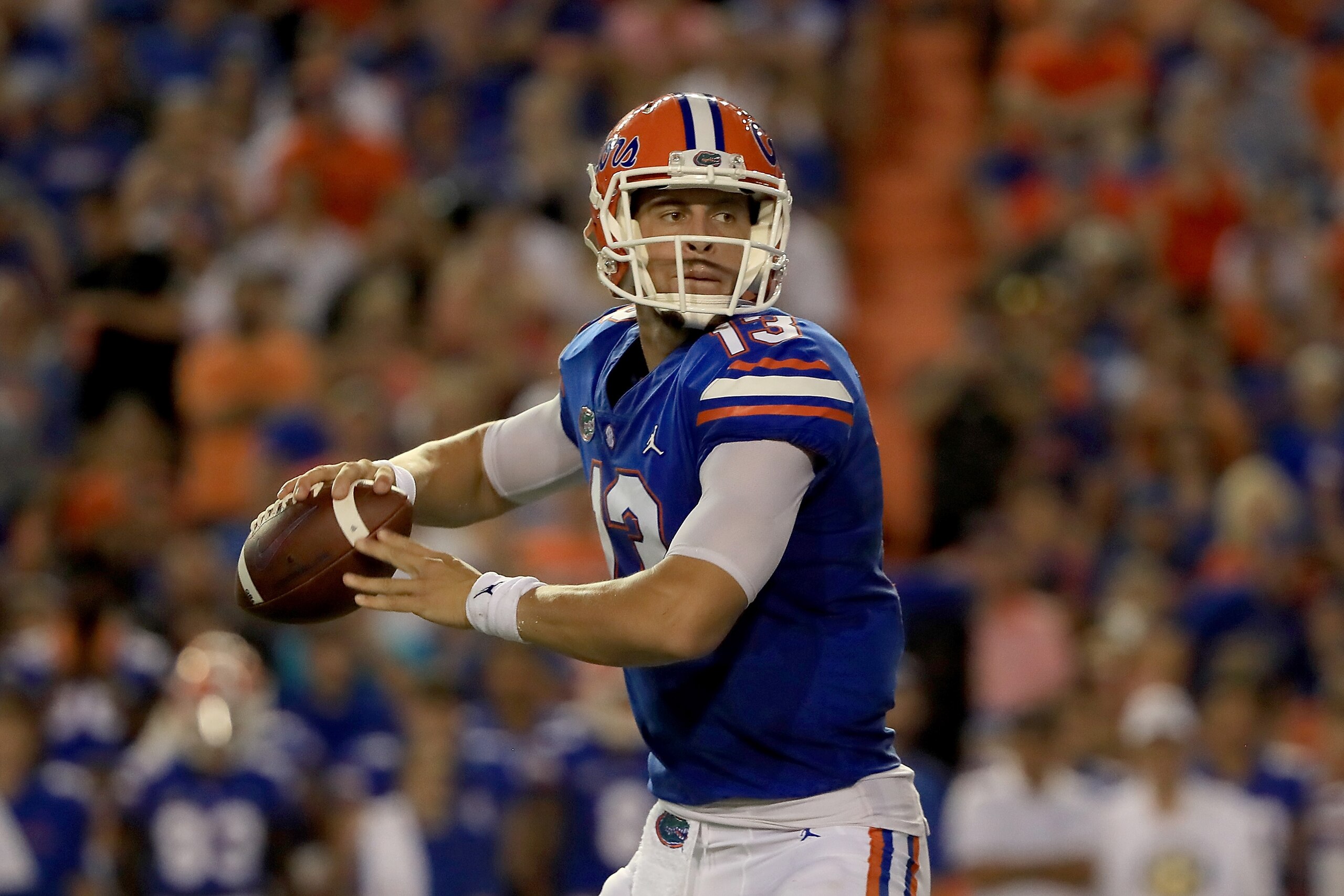 GAINESVILLE, FL - SEPTEMBER 01: Feleipe Franks #13 of the Florida Gators attempts a pass during the game against the Charleston Southern Buccaneers at Ben Hill Griffin Stadium on September 1, 2018 in Gainesville, Florida. (Photo by Sam Greenwood/Getty I GAINESVILLE, FL - SEPTEMBER 01: Feleipe Franks #13 of the Florida Gators attempts a pass during the game against the Charleston Southern Buccaneers at Ben Hill Griffin Stadium on September 1, 2018 in Gainesville, Florida. (Photo by Sam Greenwood/Getty I