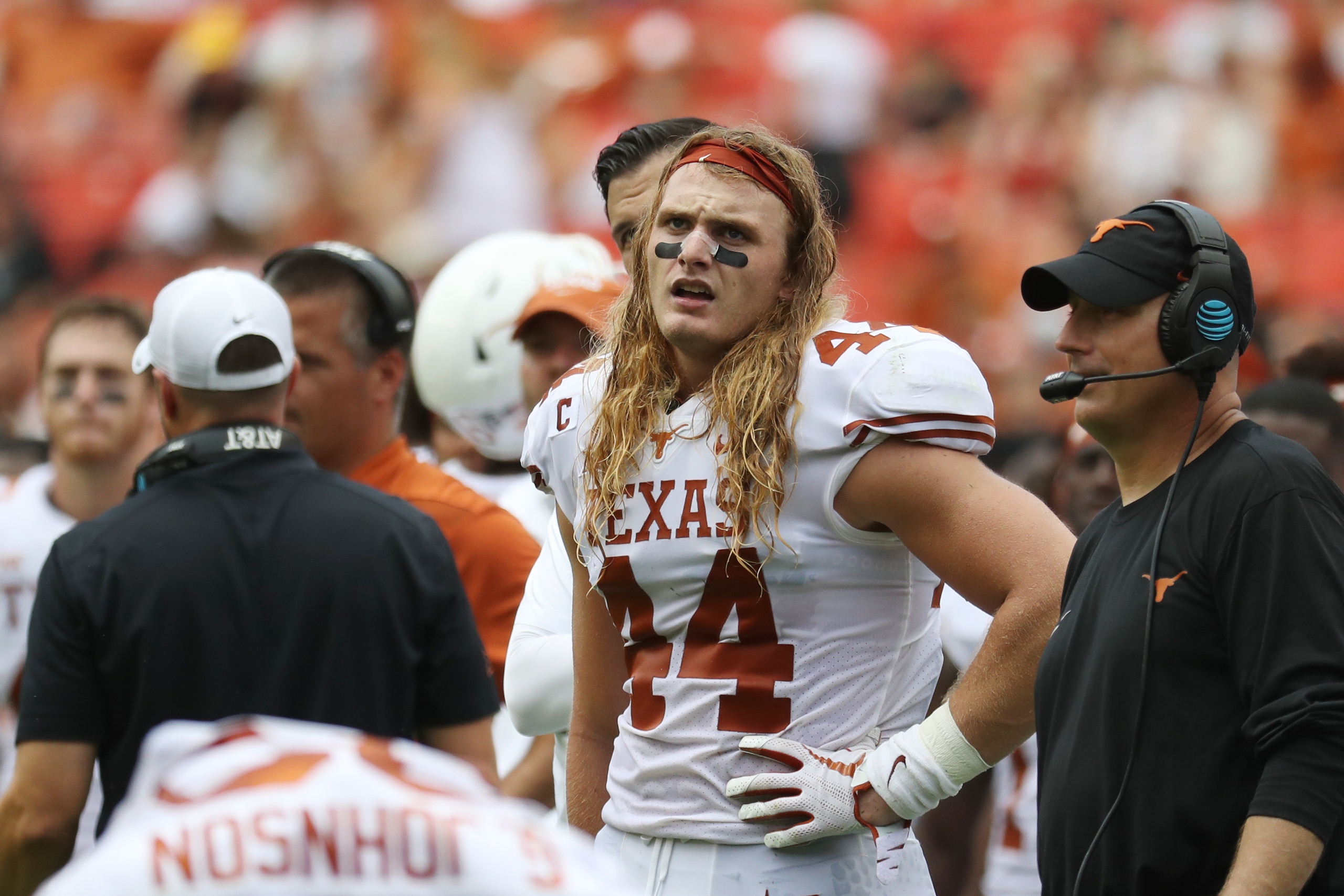 LANDOVER, MD - SEPTEMBER 1: Breckyn Hager #44 of the Texas Longhorns looks on in the first half against the Maryland Terrapins at FedExField on September 1, 2018 in Landover, Maryland. (Photo by Rob Carr/Getty Images) LANDOVER, MD - SEPTEMBER 1: Breckyn Hager #44 of the Texas Longhorns looks on in the first half against the Maryland Terrapins at FedExField on September 1, 2018 in Landover, Maryland. (Photo by Rob Carr/Getty Images)