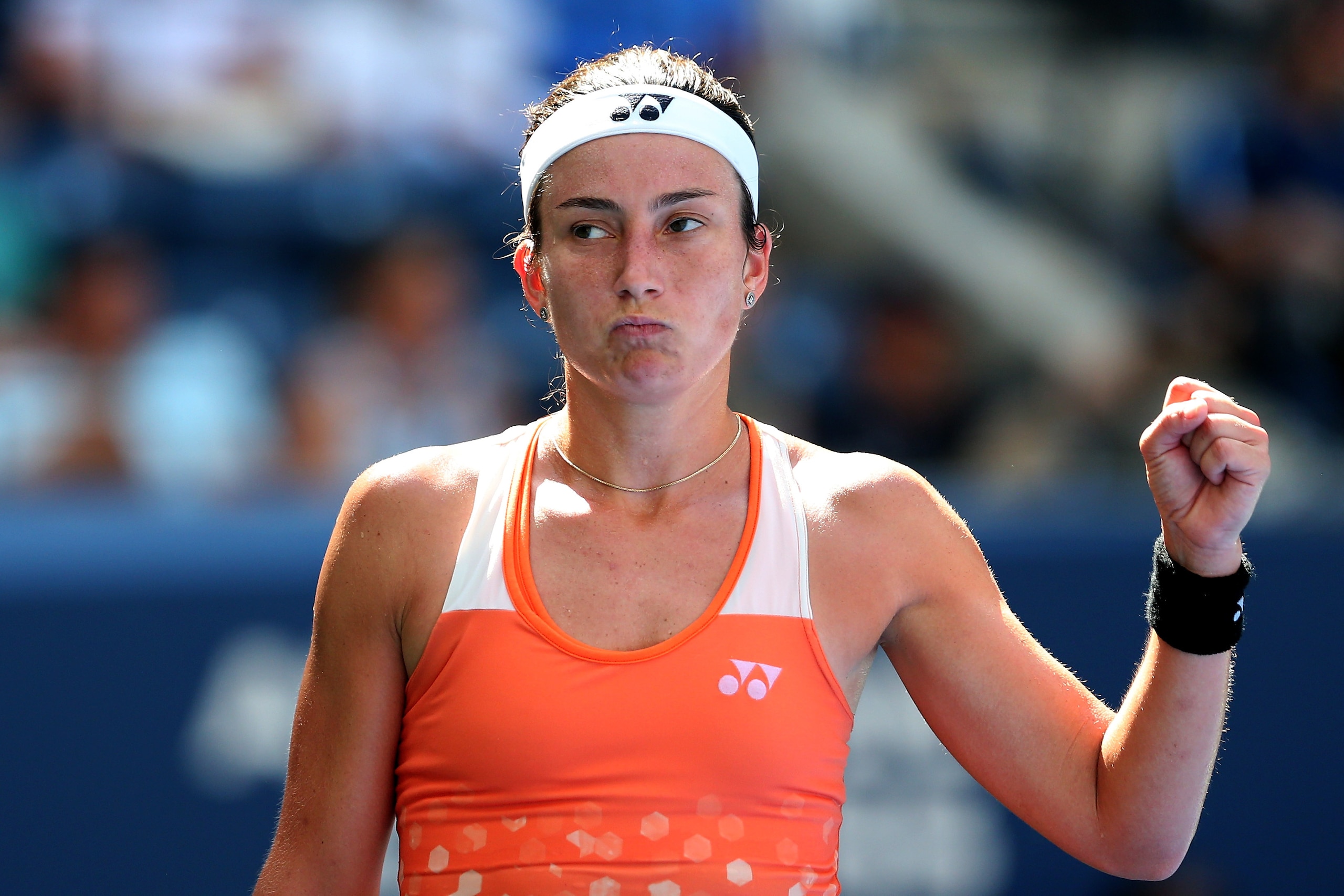 NEW YORK, NY - SEPTEMBER 04:  Anastasija Sevastova of Latvia celebrates a point during the womens singles quarter-final match against Sloane Stephens of The United States on Day Nine of the 2018 US Open at the USTA Billie Jean King National Tennis Center 