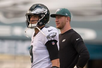 PHILADELPHIA, PA - AUGUST 30: Nick Foles #9 and Carson Wentz #11 of the Philadelphia Eagles look on prior to the game against the New York Jets during the preseason game at Lincoln Financial Field on August 30, 2018 in Philadelphia, Pennsylvania. (Photo b