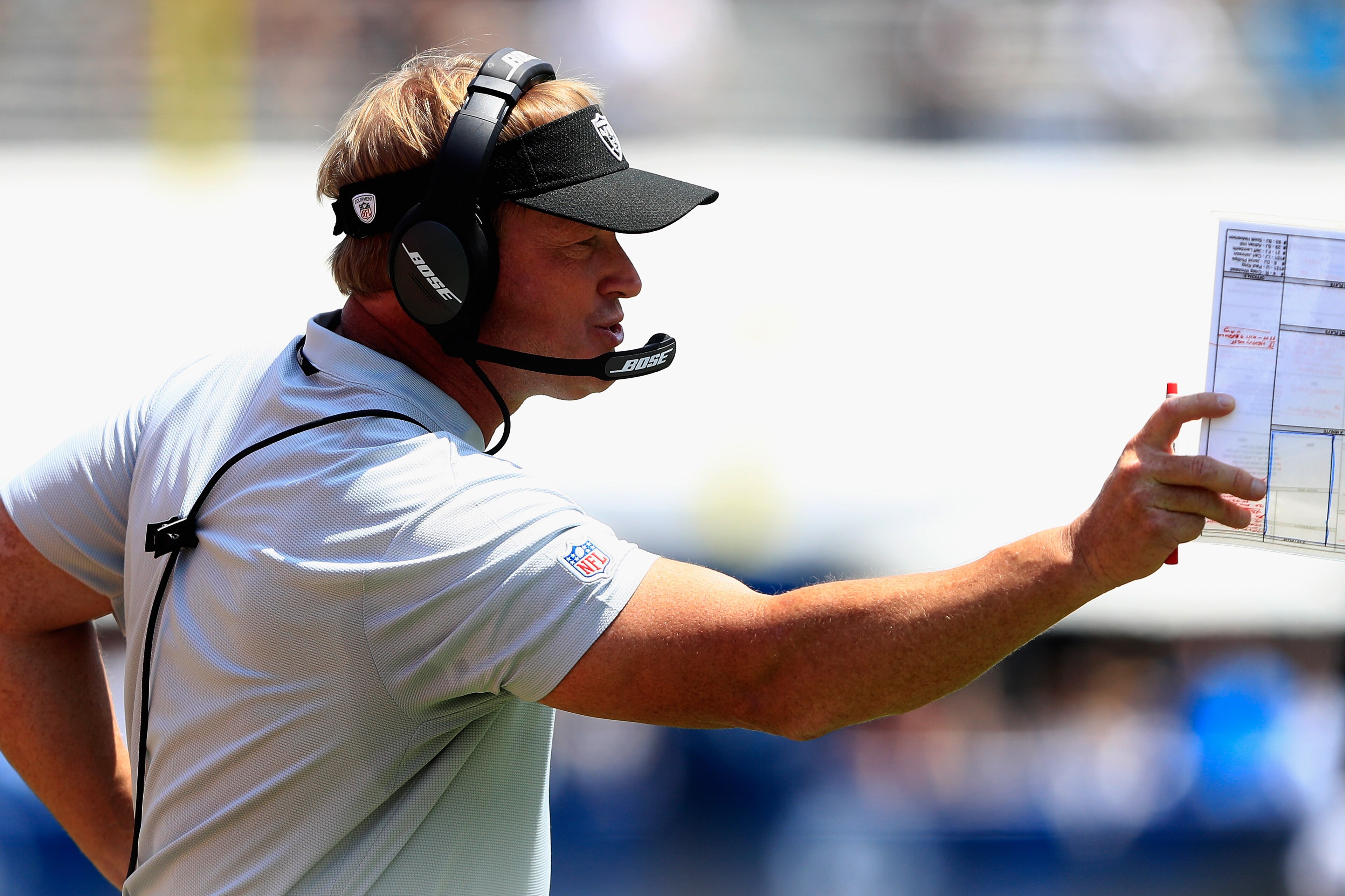 LOS ANGELES, CA - AUGUST 18:  Head coach Jon Gruden of the Oakland Raiders coaches from the sideline during the first half of a preseason game against the Los Angeles Rams at Los Angeles Memorial Coliseum on August 18, 2018 in Los Angeles, California.  (P