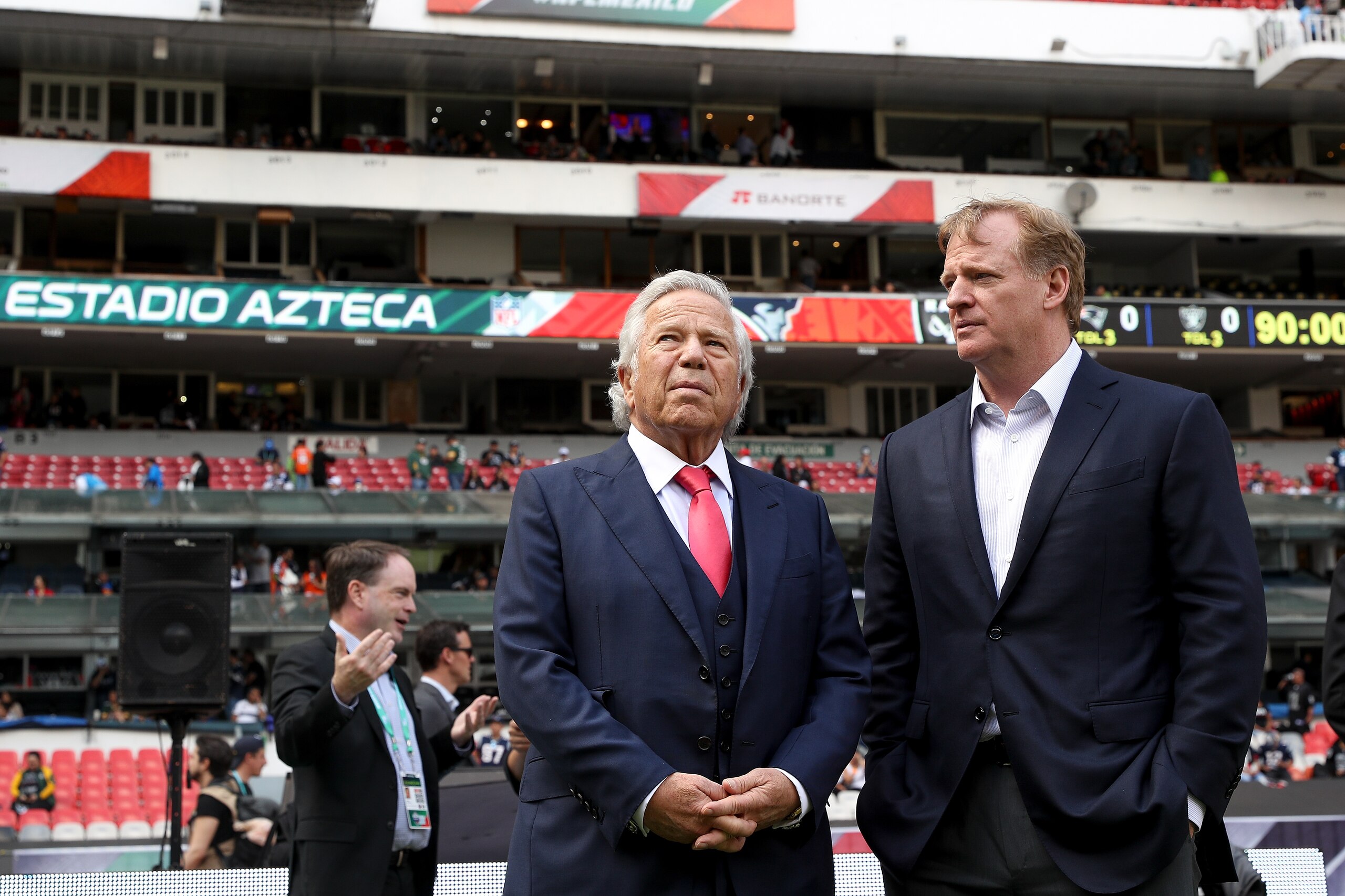 MEXICO CITY, MEXICO - NOVEMBER 19: New England Patriots owner Robert Kraft talks with NFL Commissioner Roger Goodell prior to the game between the New England Patriots and the Oakland Raiders at Estadio Azteca on November 19, 2017 in Mexico City, Mexico. MEXICO CITY, MEXICO - NOVEMBER 19: New England Patriots owner Robert Kraft talks with NFL Commissioner Roger Goodell prior to the game between the New England Patriots and the Oakland Raiders at Estadio Azteca on November 19, 2017 in Mexico City, Mexico.