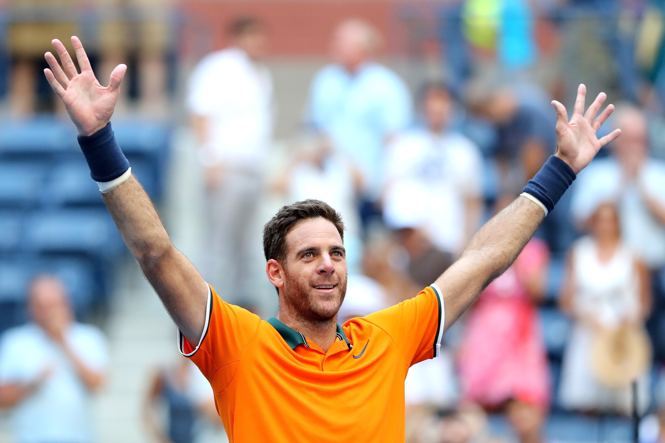 NEW YORK, NY - SEPTEMBER 04:  Juan Martin Del Potro of Argentina celebrates at match point during the men's singles quarter-final match against John Isner of The United States on Day Nine of the 2018 US Open at the USTA Billie Jean King National Tennis Ce