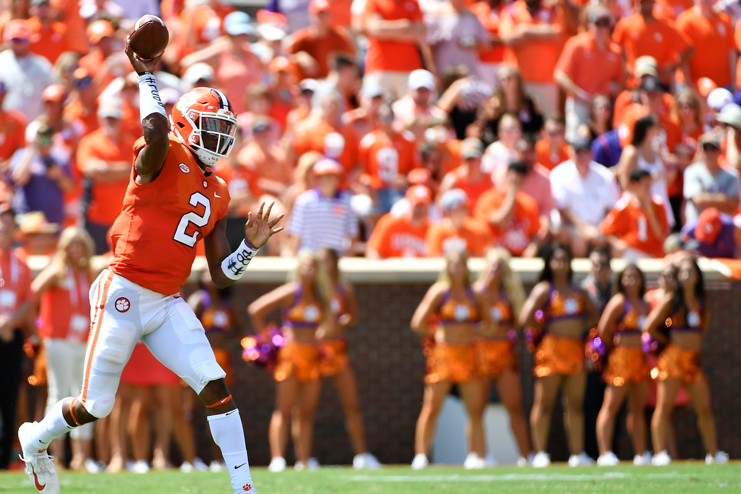 CLEMSON, SC - SEPTEMBER 01: Quarterback Kelly Bryant #2 of the Clemson Tigers attempts a pass during the first quarter of the Tigers' football game against the Furman Paladins at Clemson Memorial Stadium on September 1, 2018 in Clemson, South Carolina. (P
