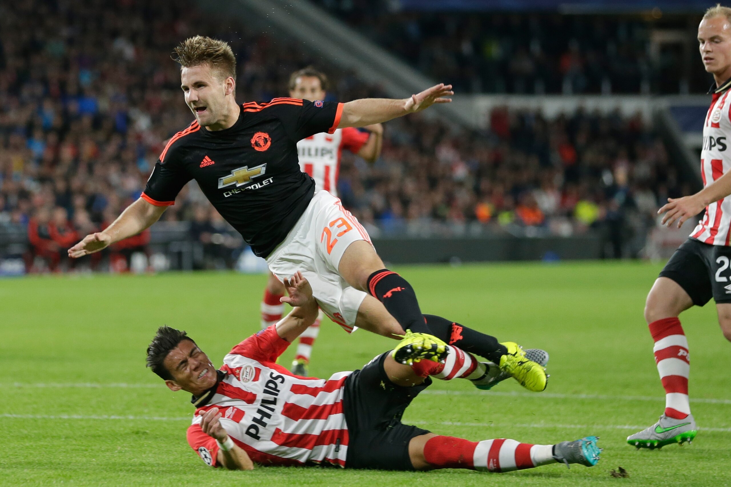 injury of Luke Shaw of Manchester United, Hector Moreno of PSV Eindhoven during the UEFA Champions League group B match between PSV Eindhoven and Manchester United on September 15, 2015 at the Philips stadium in Eindhoven, The Netherlands.(Photo by VI Ima