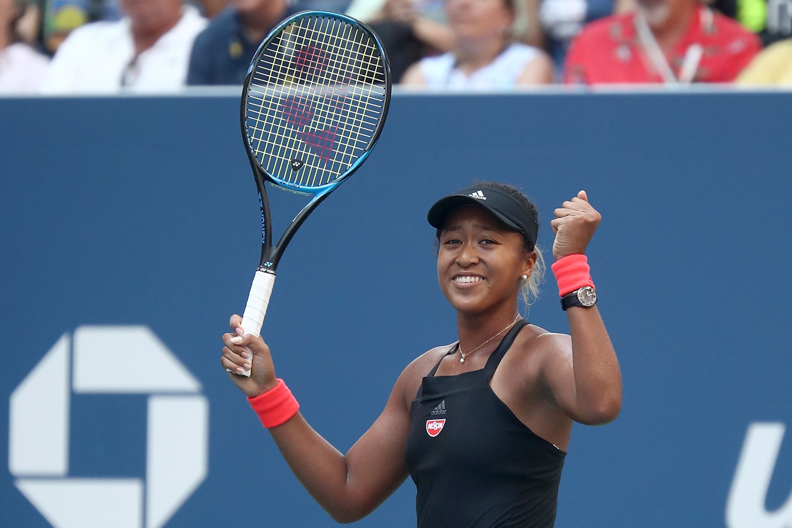 NEW YORK, NY - SEPTEMBER 03:  Naomi Osaka of Japan celebrates match point during the women's singles fourth round match against Aryna Sabalenka of Belarus on Day Eight of the 2018 US Open at the USTA Billie Jean King National Tennis Center on September 3,