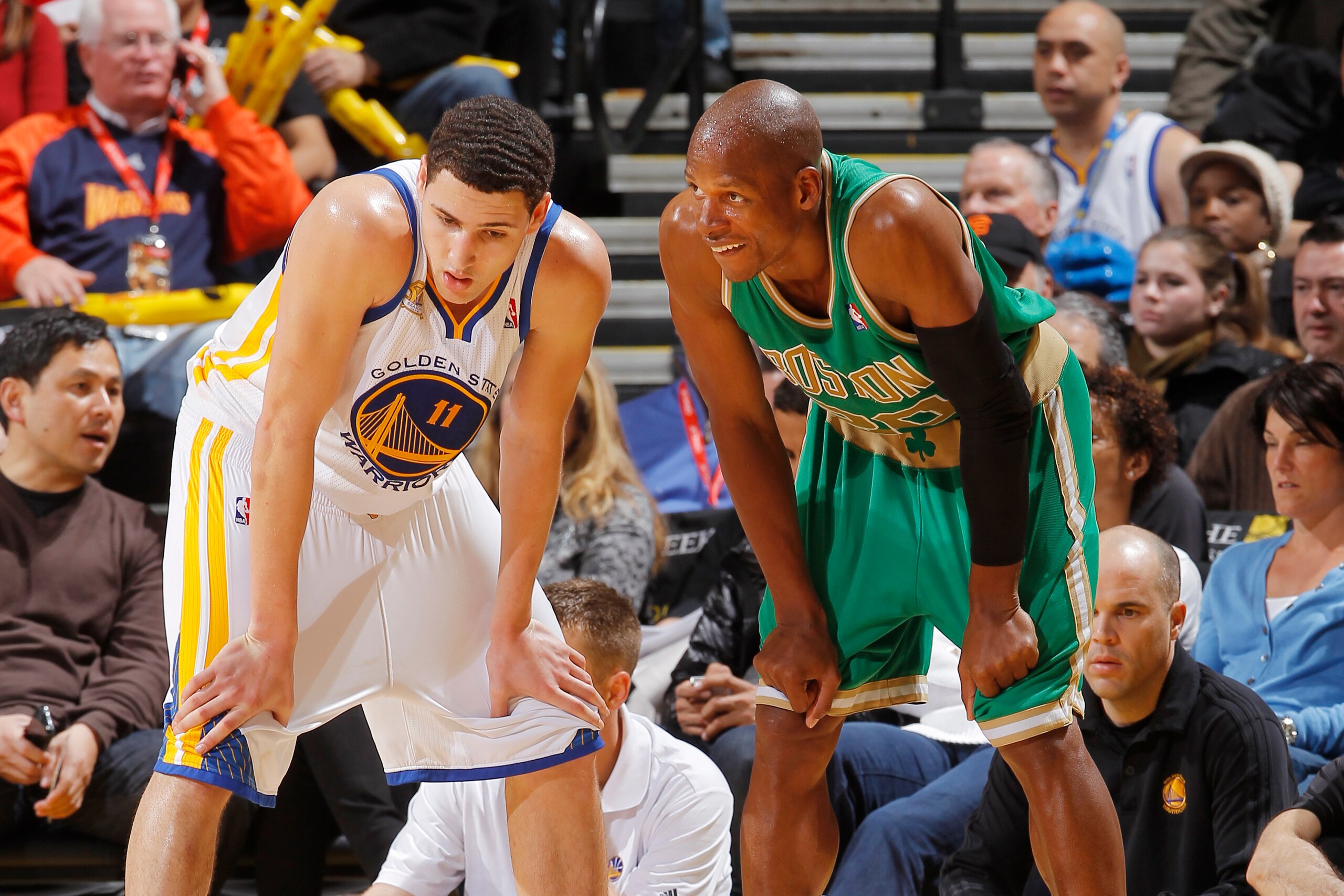 OAKLAND, CA - MARCH 14: Klay Thompson #11 of the Golden State Warriors prepares to defend Ray Allen #20 of the Boston Celtics on March 14, 2012 at Oracle Arena in Oakland, California. NOTE TO USER: User expressly acknowledges and agrees that, by downloadi OAKLAND, CA - MARCH 14: Klay Thompson #11 of the Golden State Warriors prepares to defend Ray Allen #20 of the Boston Celtics on March 14, 2012 at Oracle Arena in Oakland, California. NOTE TO USER: User expressly acknowledges and agrees that, by downloadi