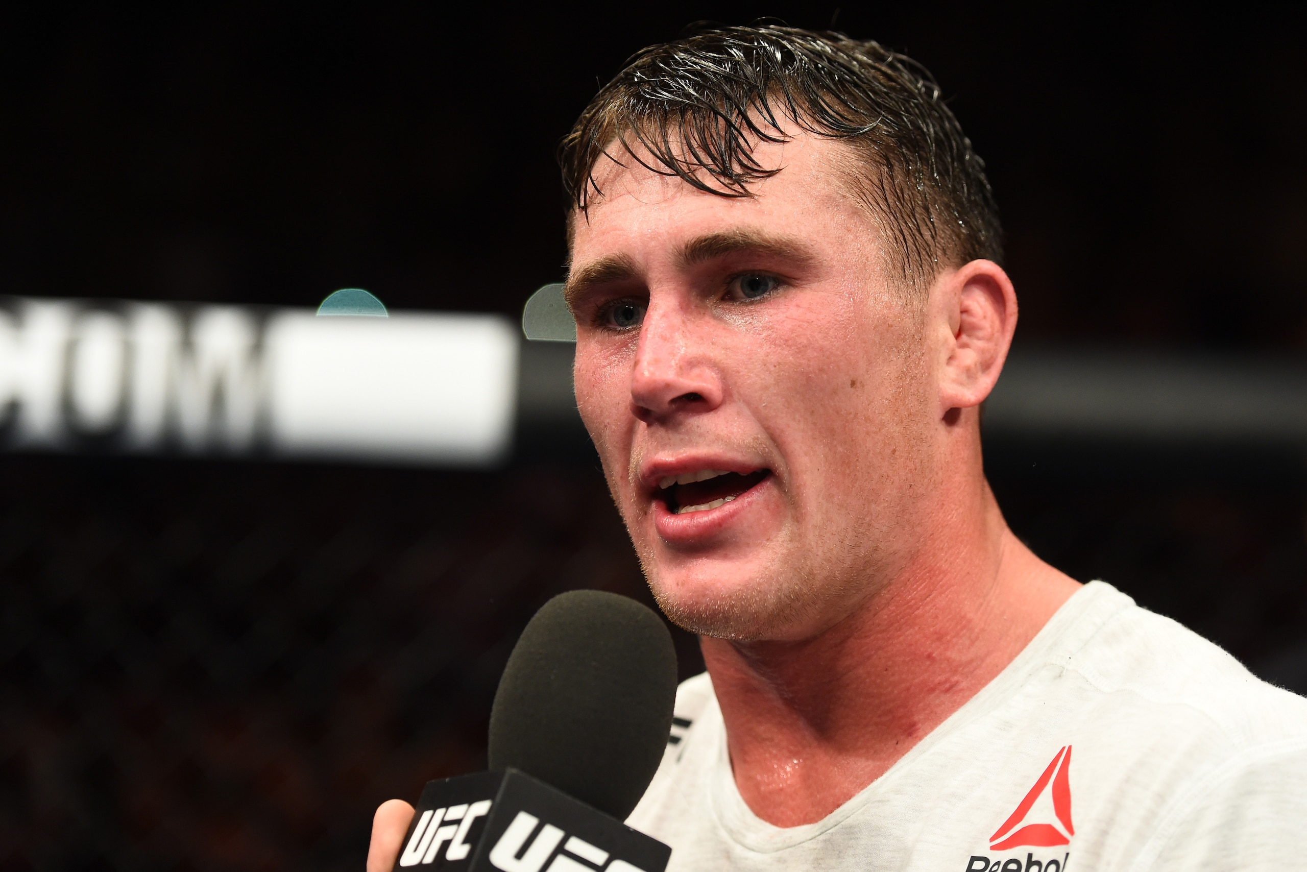 LIVERPOOL, ENGLAND - MAY 27:  Darren Till of England talks with Dan Hardy after defeating Stephen Thompson in their welterweight bout during the UFC Fight Night event at ECHO Arena on May 27, 2018 in Liverpool, England. (Photo by Josh Hedges/Zuffa LLC/Zuf