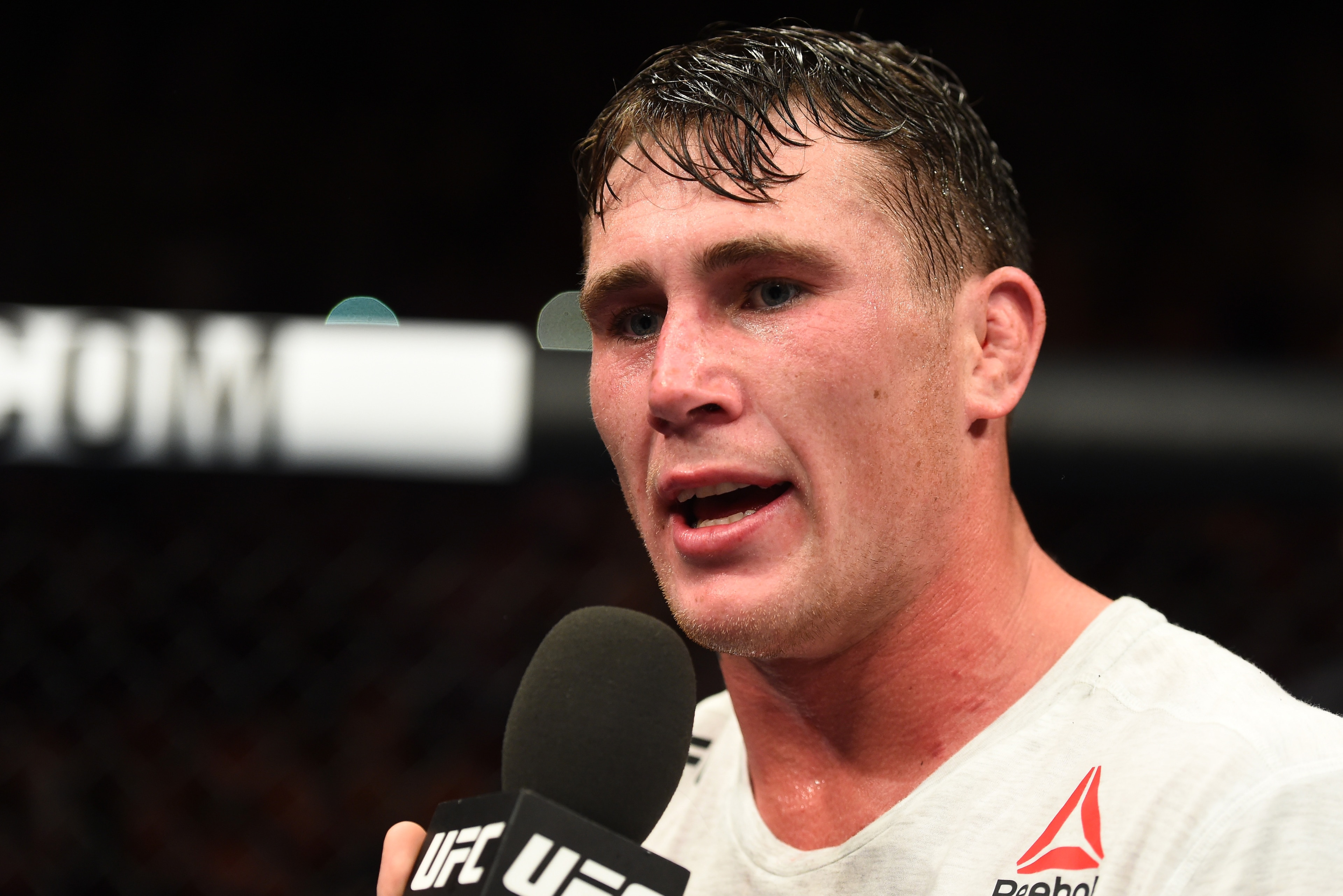 LIVERPOOL, ENGLAND - MAY 27:  Darren Till of England talks with Dan Hardy after defeating Stephen Thompson in their welterweight bout during the UFC Fight Night event at ECHO Arena on May 27, 2018 in Liverpool, England. (Photo by Josh Hedges/Zuffa LLC/Zuf