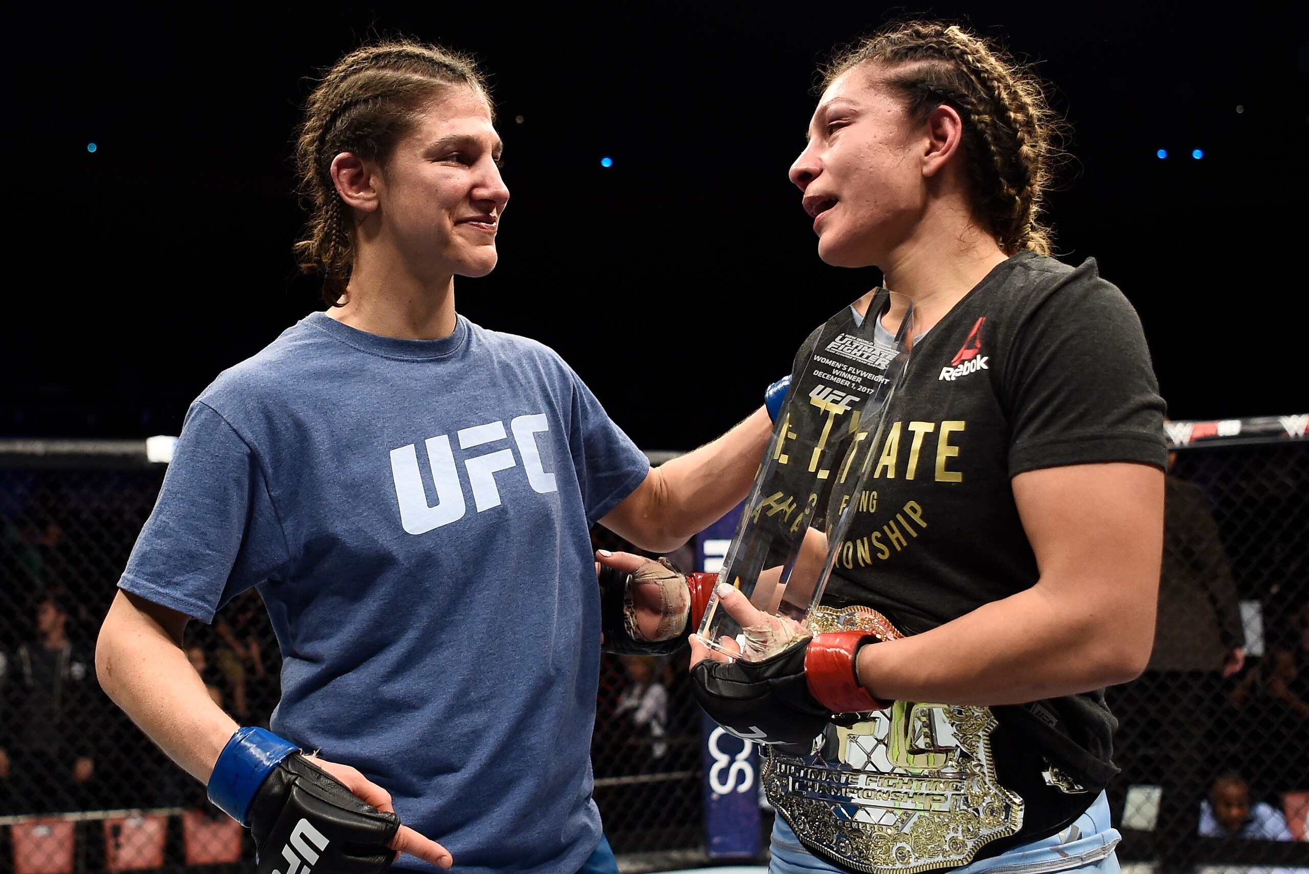 LAS VEGAS, NV - DECEMBER 01:  (R-L) Nicco Montano is congratulated by opponent Roxanne Modafferi after her decision victory in their women's flyweight championship bout during the TUF Finale event inside Park Theater on December 01, 2017 in Las Vegas, Nev