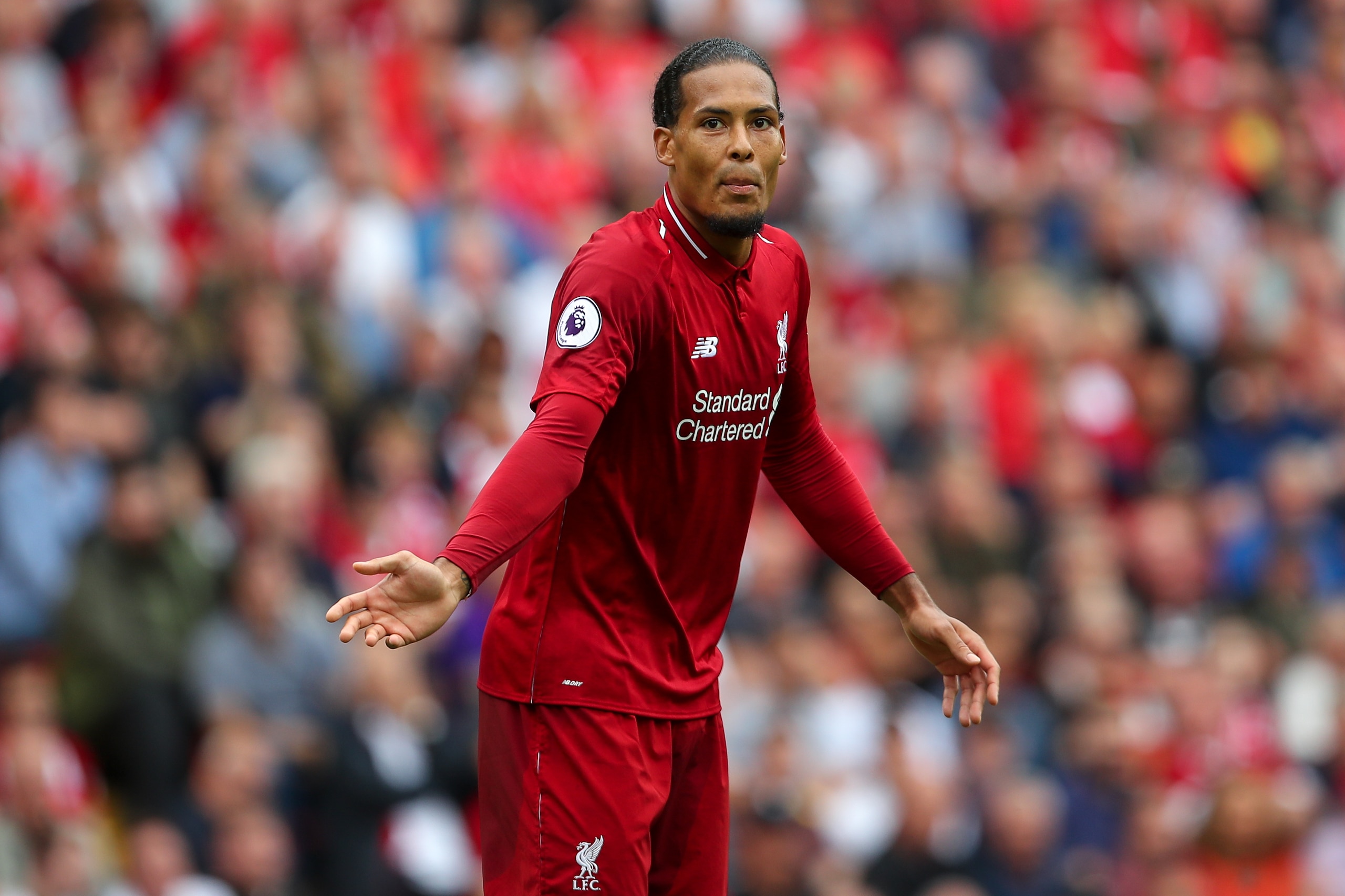 LIVERPOOL, ENGLAND - AUGUST 12: Virgil van Dijk of Liverpool during the Premier League match between Liverpool FC and West Ham United at Anfield on August 12, 2018 in Liverpool, United Kingdom. (Photo by Robbie Jay Barratt - AMA/Getty Images)